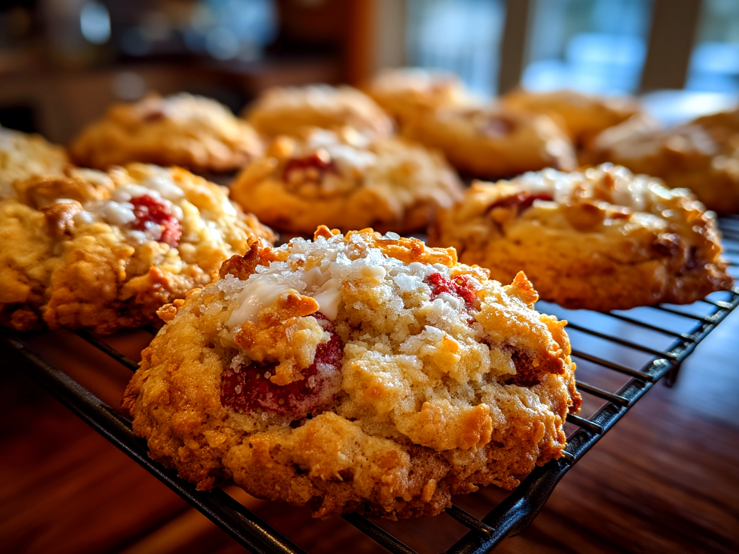 Close-up of finished Strawberry Crunch Cookies with visible freeze-dried strawberry pieces
