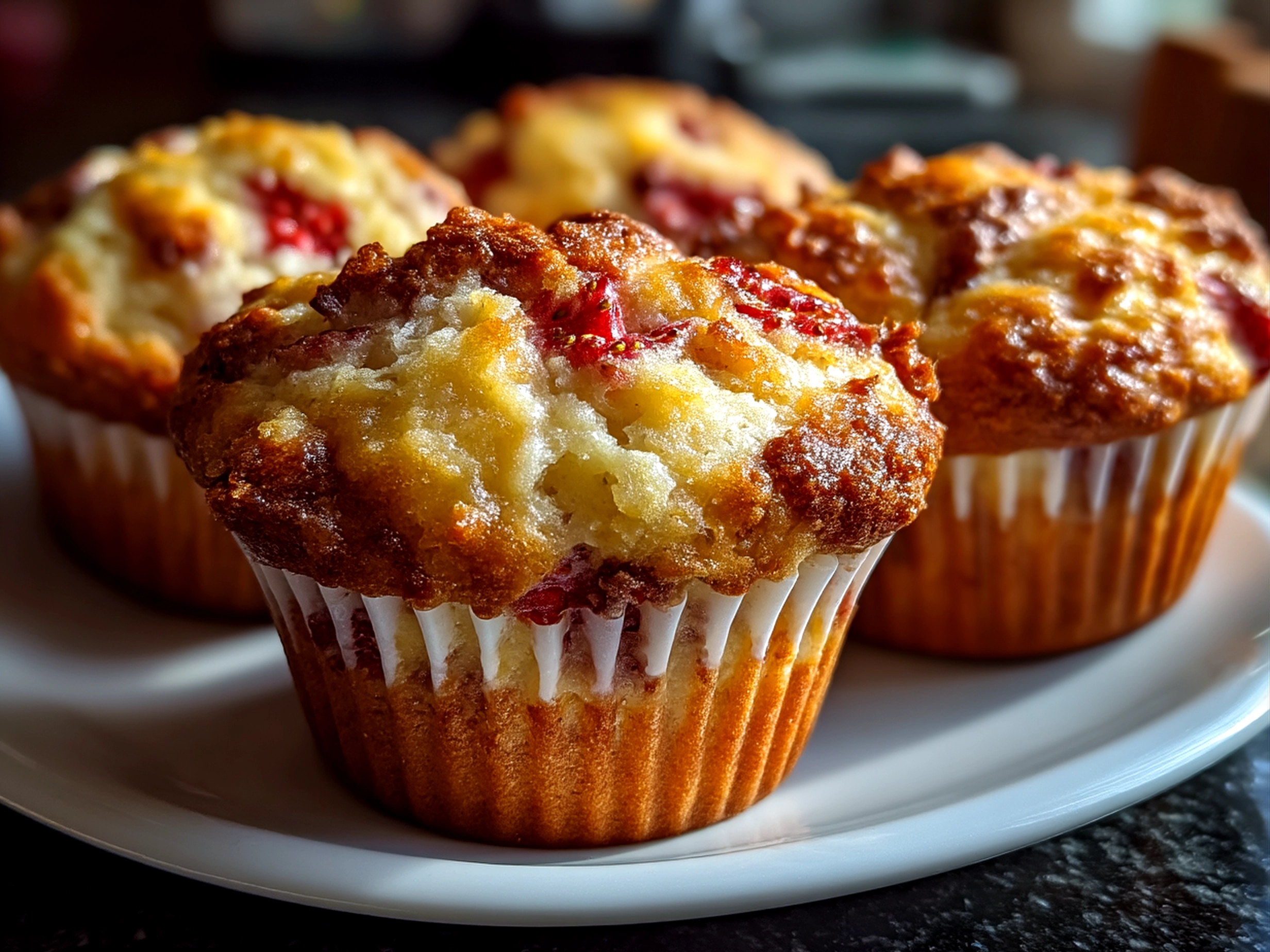 Slight angle close up finished strawberry ricotta muffins