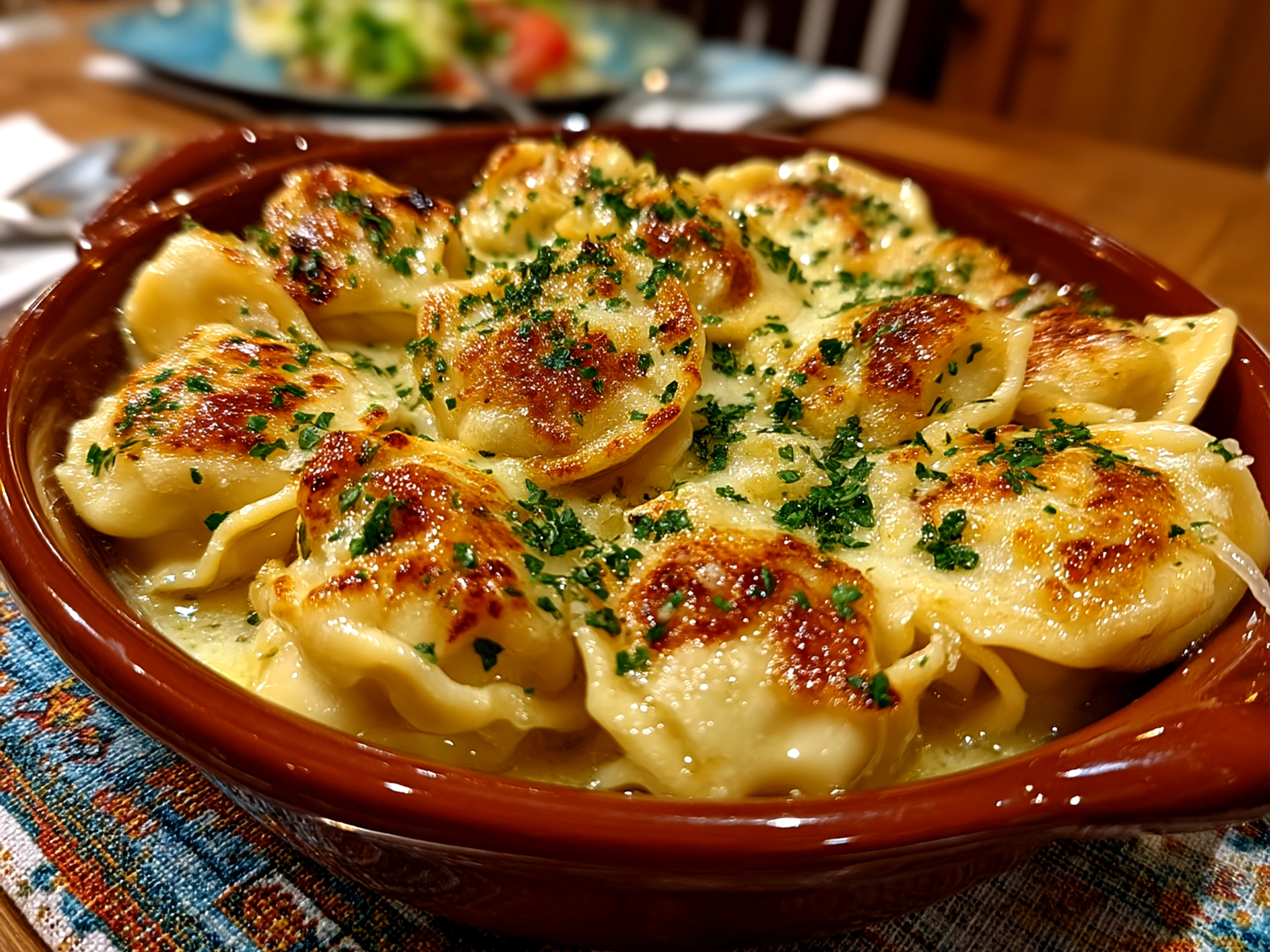 Slight angle close up of finished Turkish Manti served with yogurt and spices