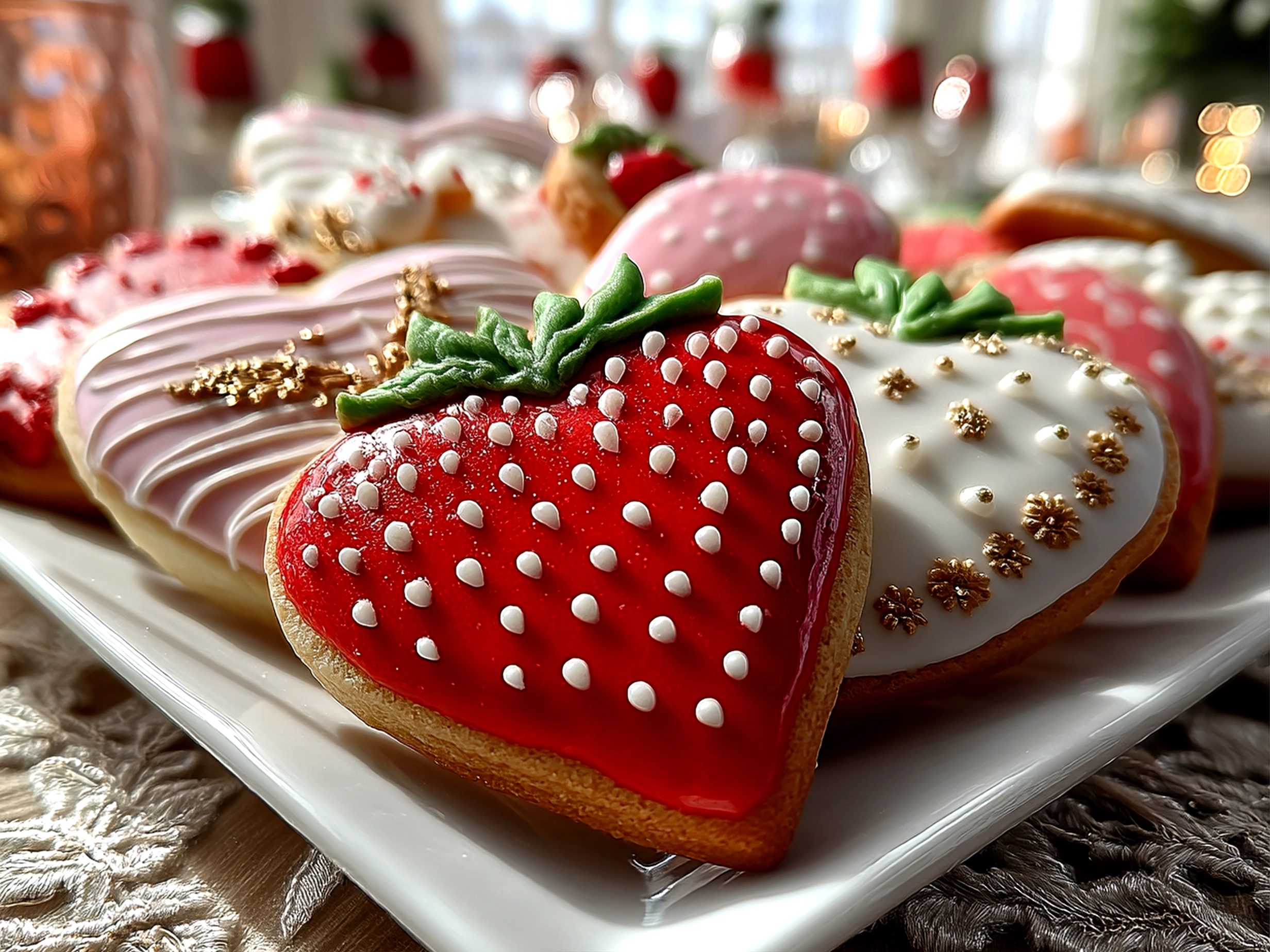 Slight angle close-up of finished Valentine Strawberry Cookies with strawberry icing