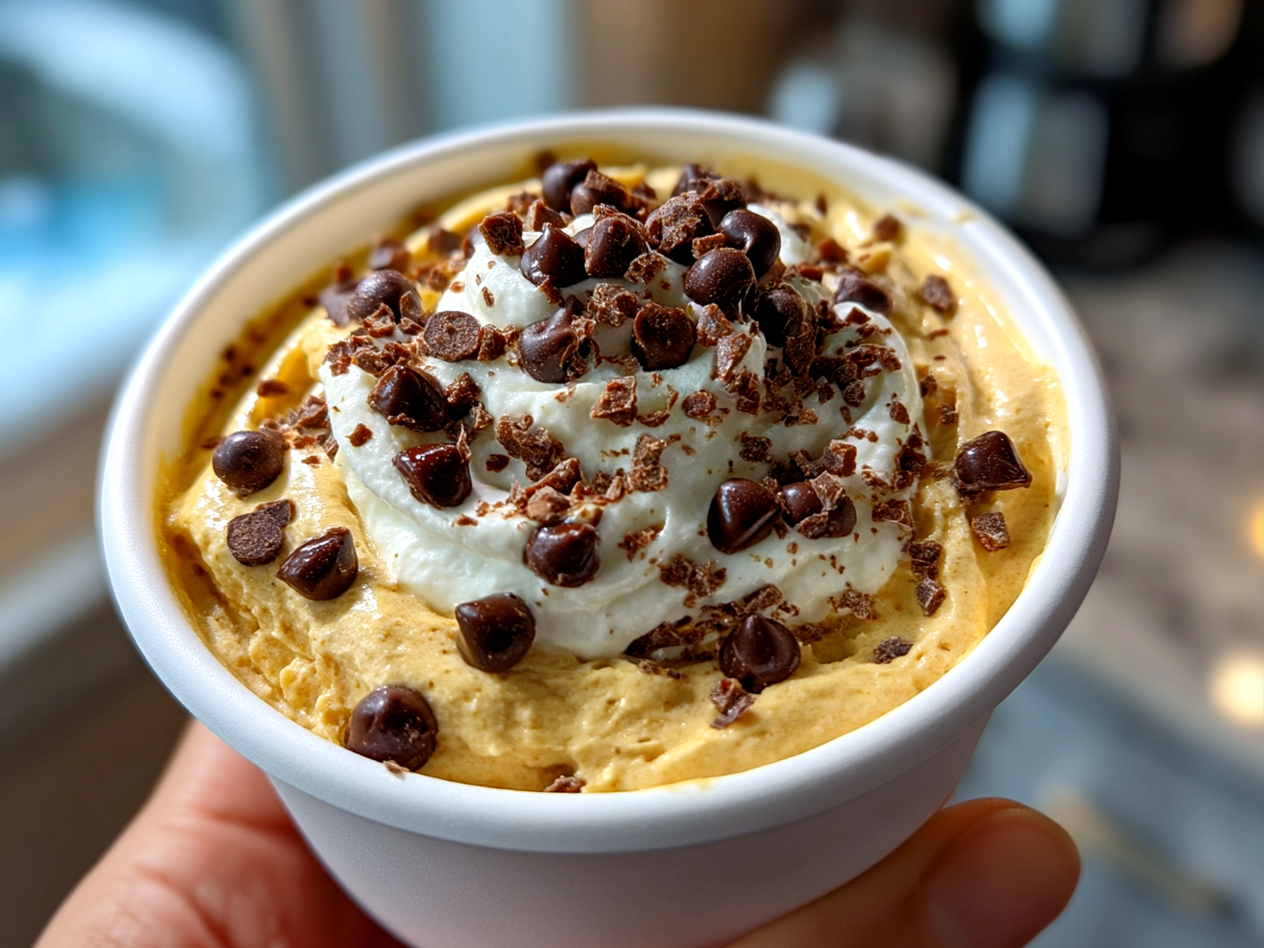 Close up serving of Cookie Dough Greek Yogurt with Chocolate Chips in a glass bowl