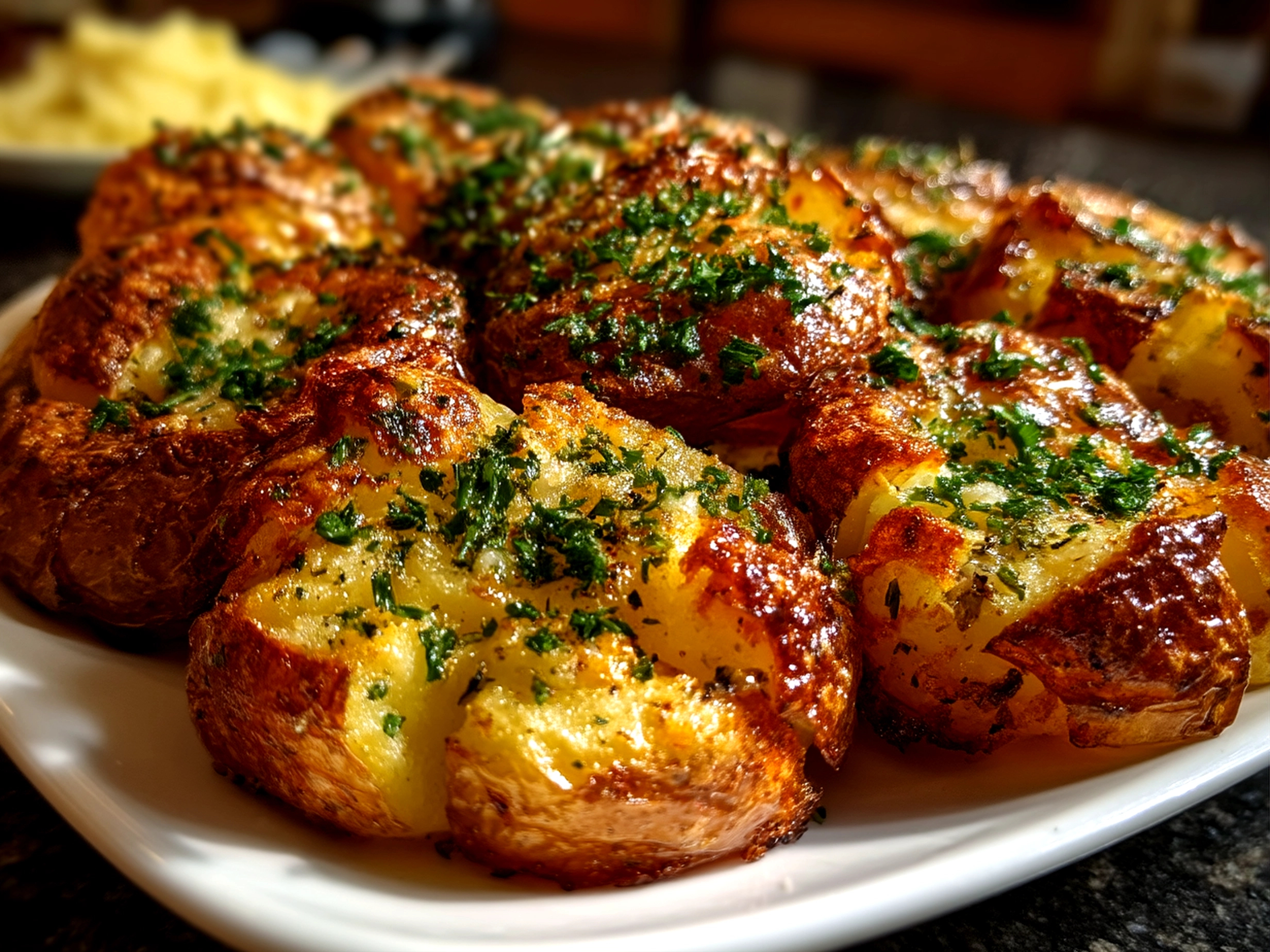 Slight angle close up of finished crispy smashed red potatoes