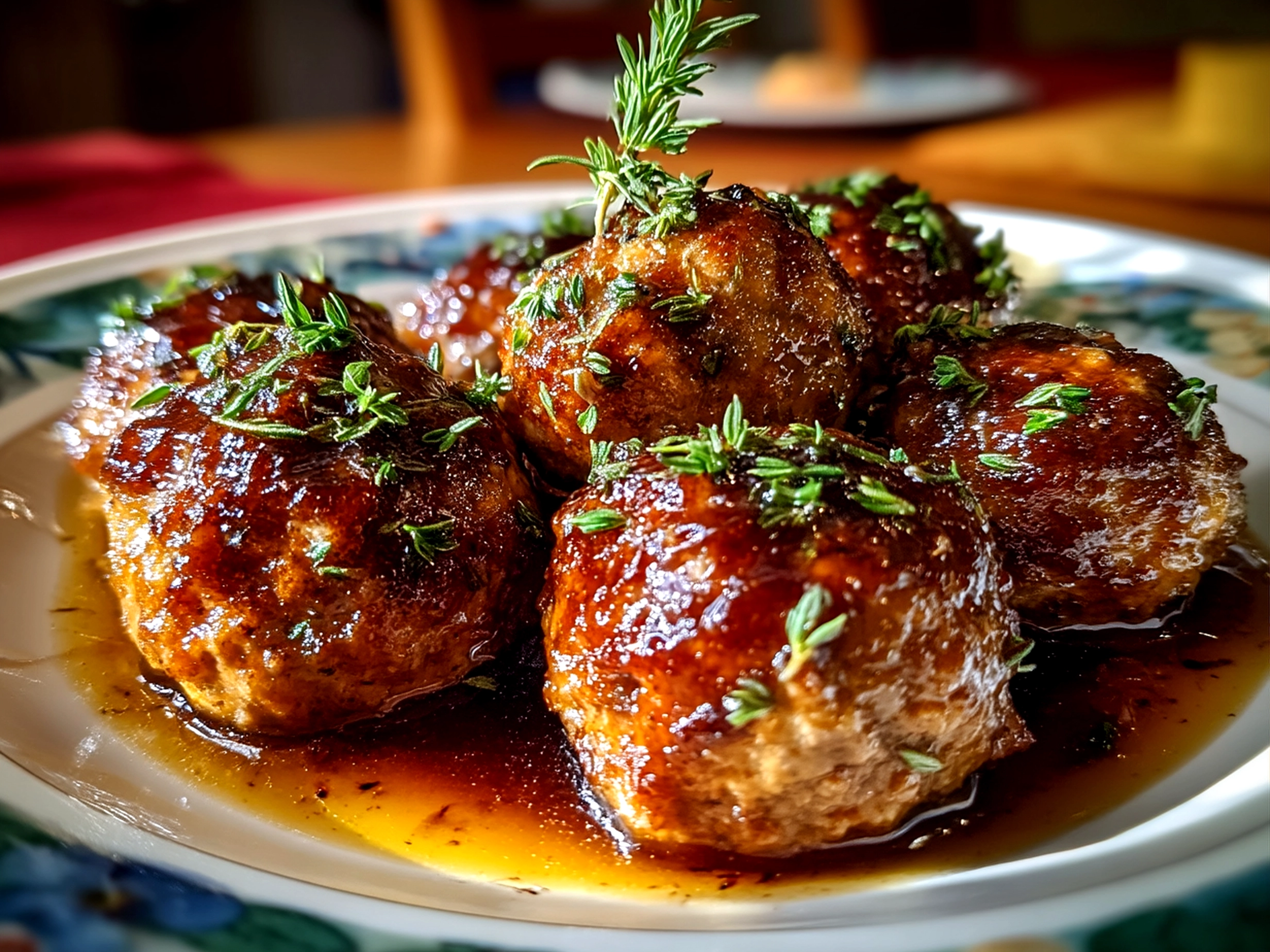 Slow Cooker Bourbon Apple Butter Meatballs served in a warm ceramic dish with garnishes