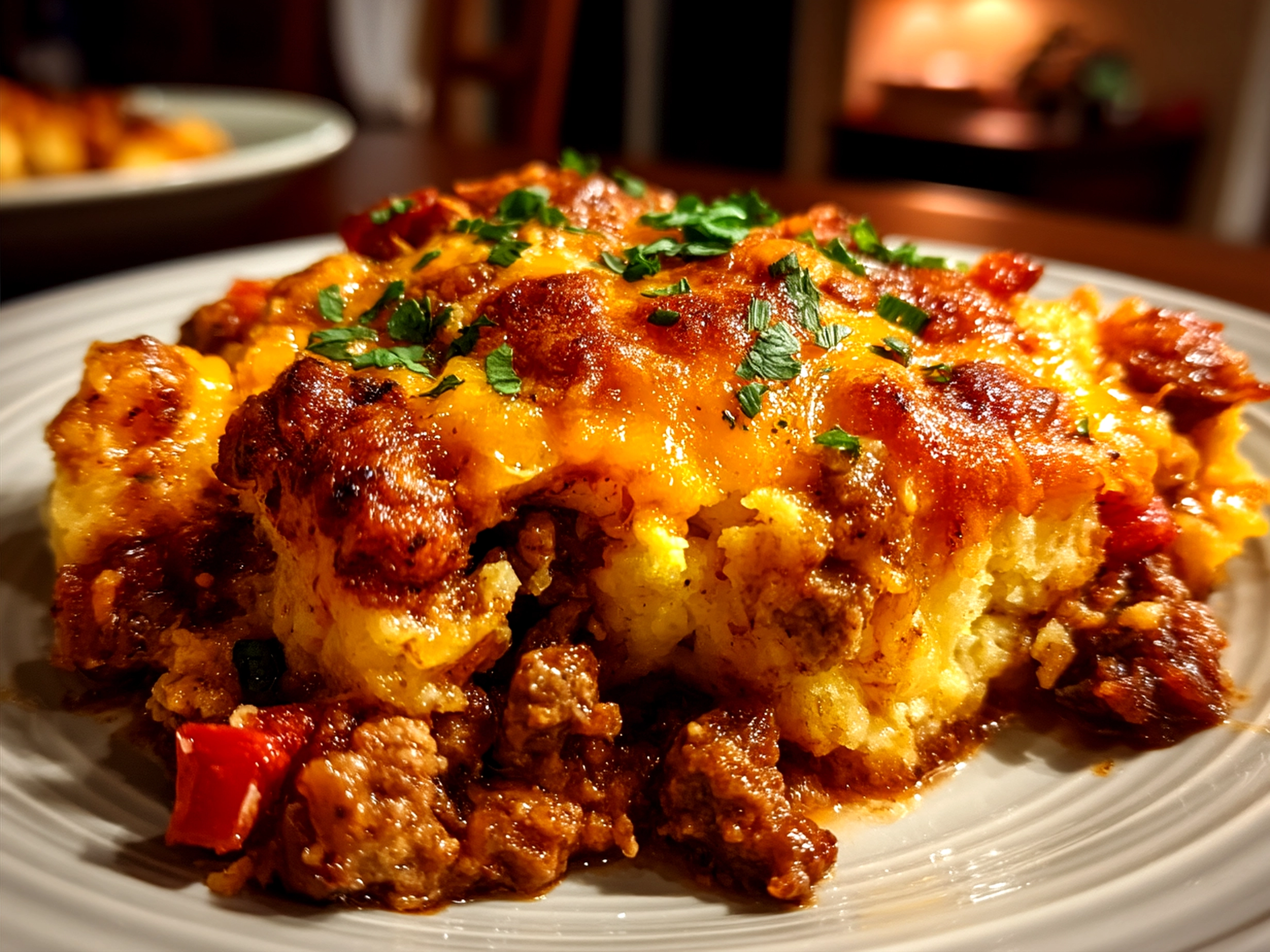 Serving Slow Cooker Cowboy Casserole with melted cheese and crushed chips