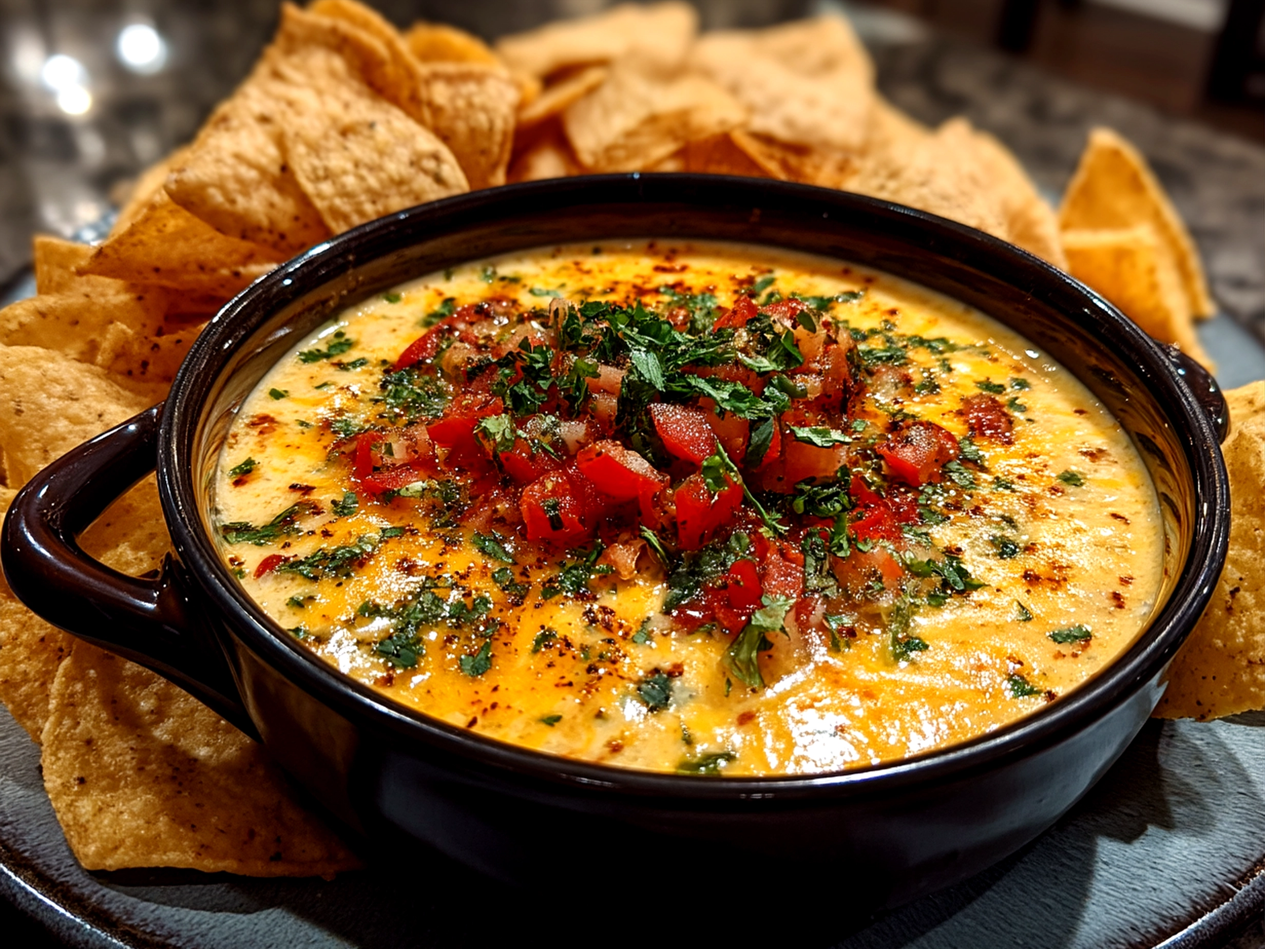 Slow Cooker Queso Dip served in a bowl with chips