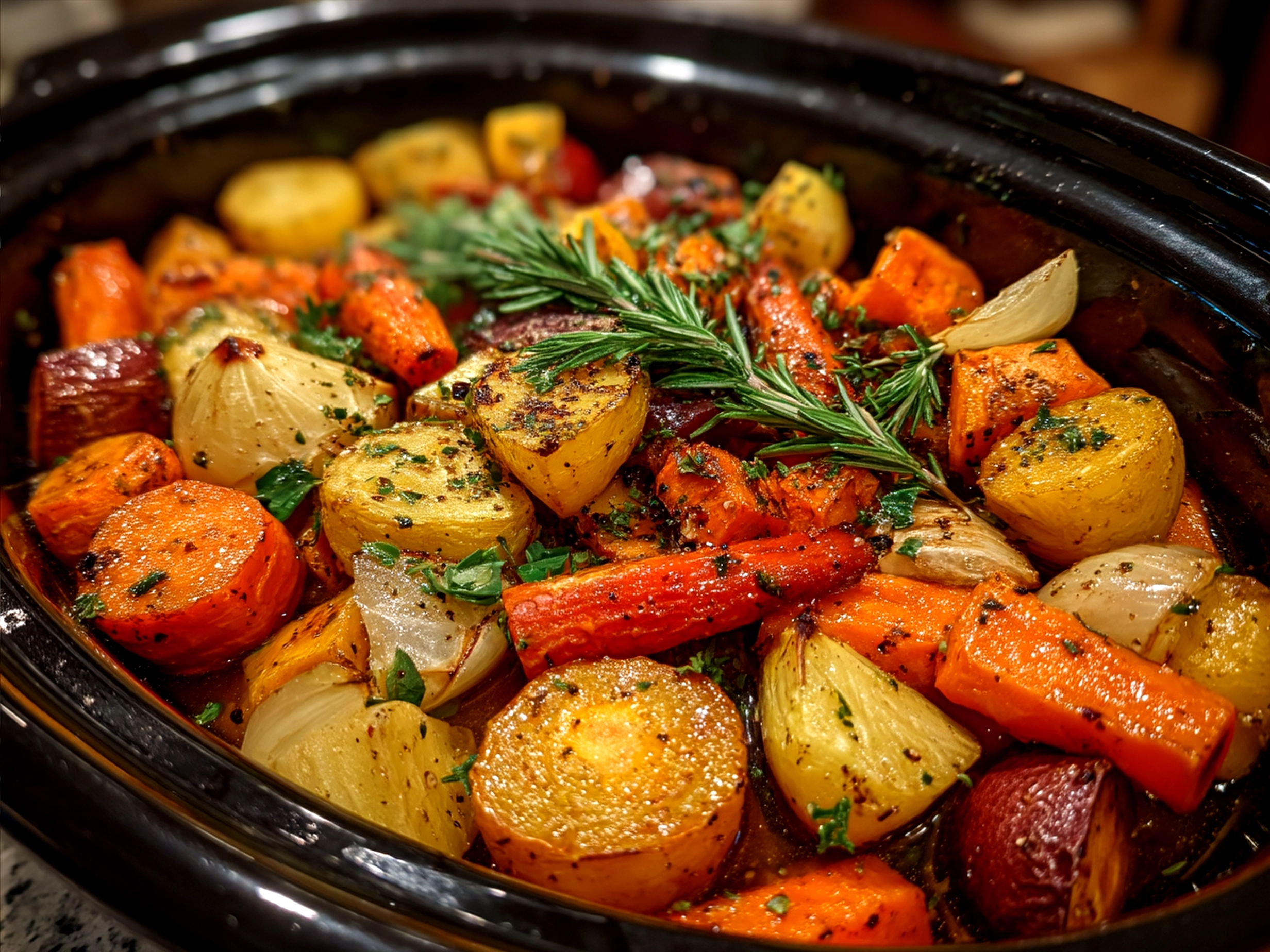 Serving Slow Cooker Roasted Fall Vegetables garnished with fresh herbs