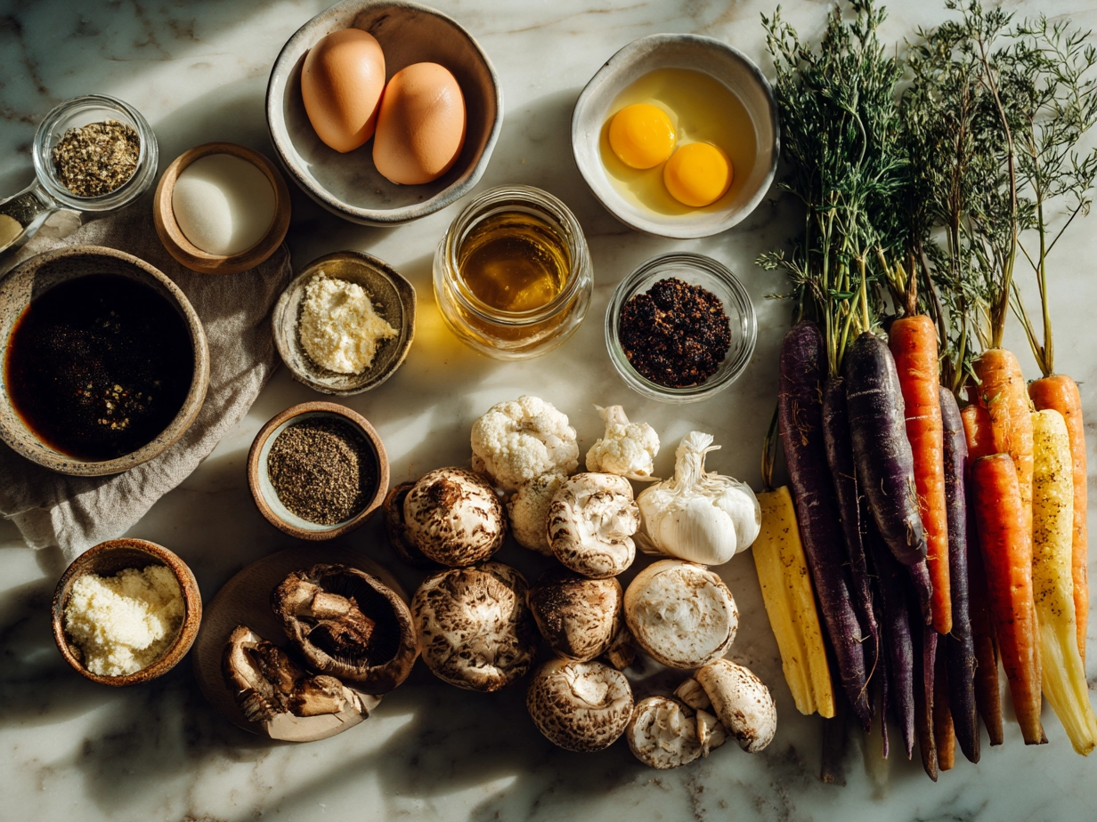Ingredients for Slow Cooker Roasted Fall Vegetables showing sweet potatoes, carrots, beets, onions, garlic and spices