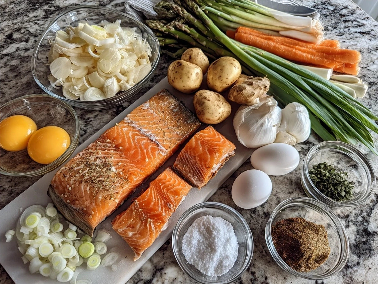 Ingredients for Smoked Salmon Spread on a wooden table