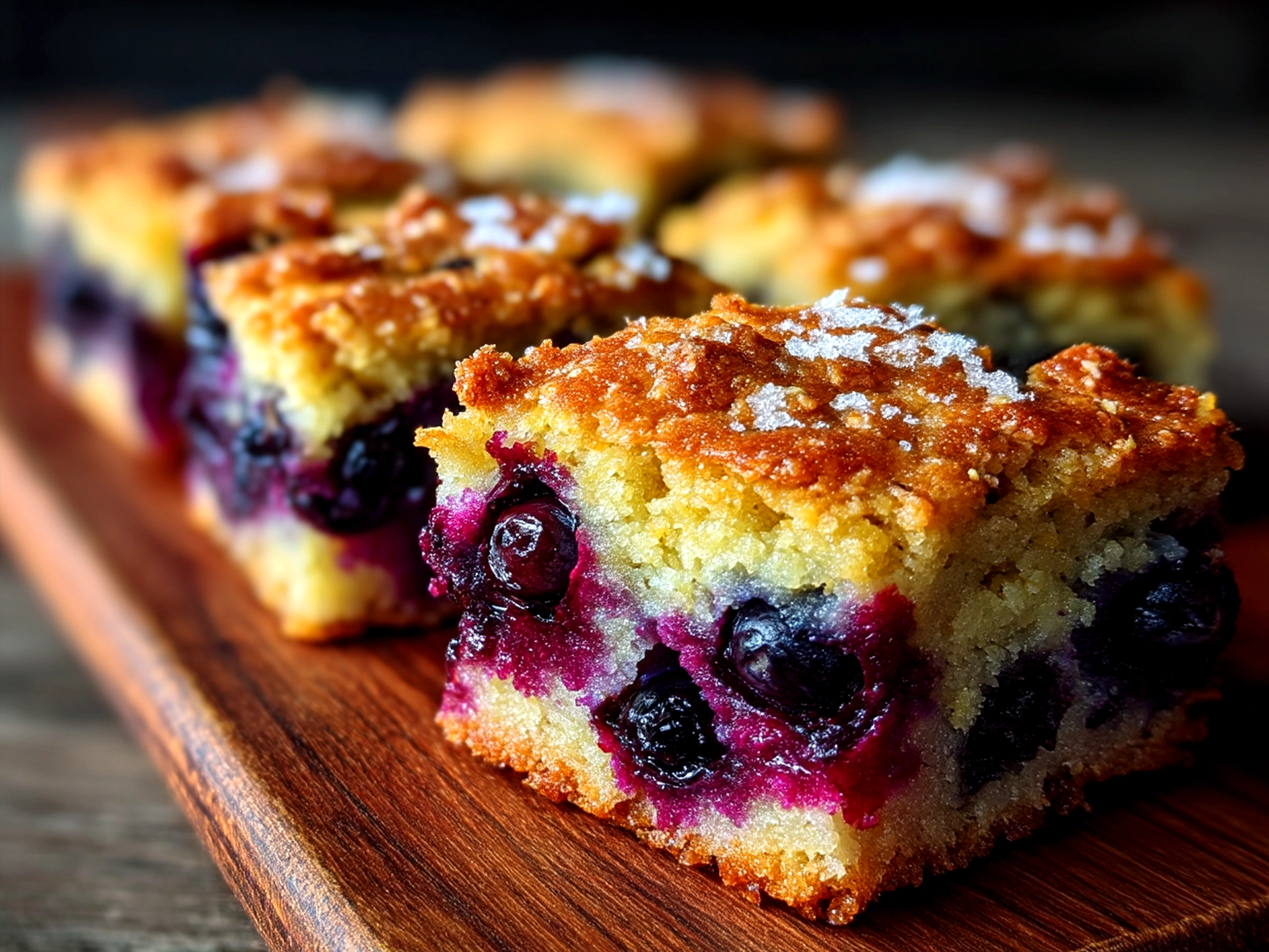 Finished Sourdough Blueberry Breakfast Bars served on a rustic wooden board