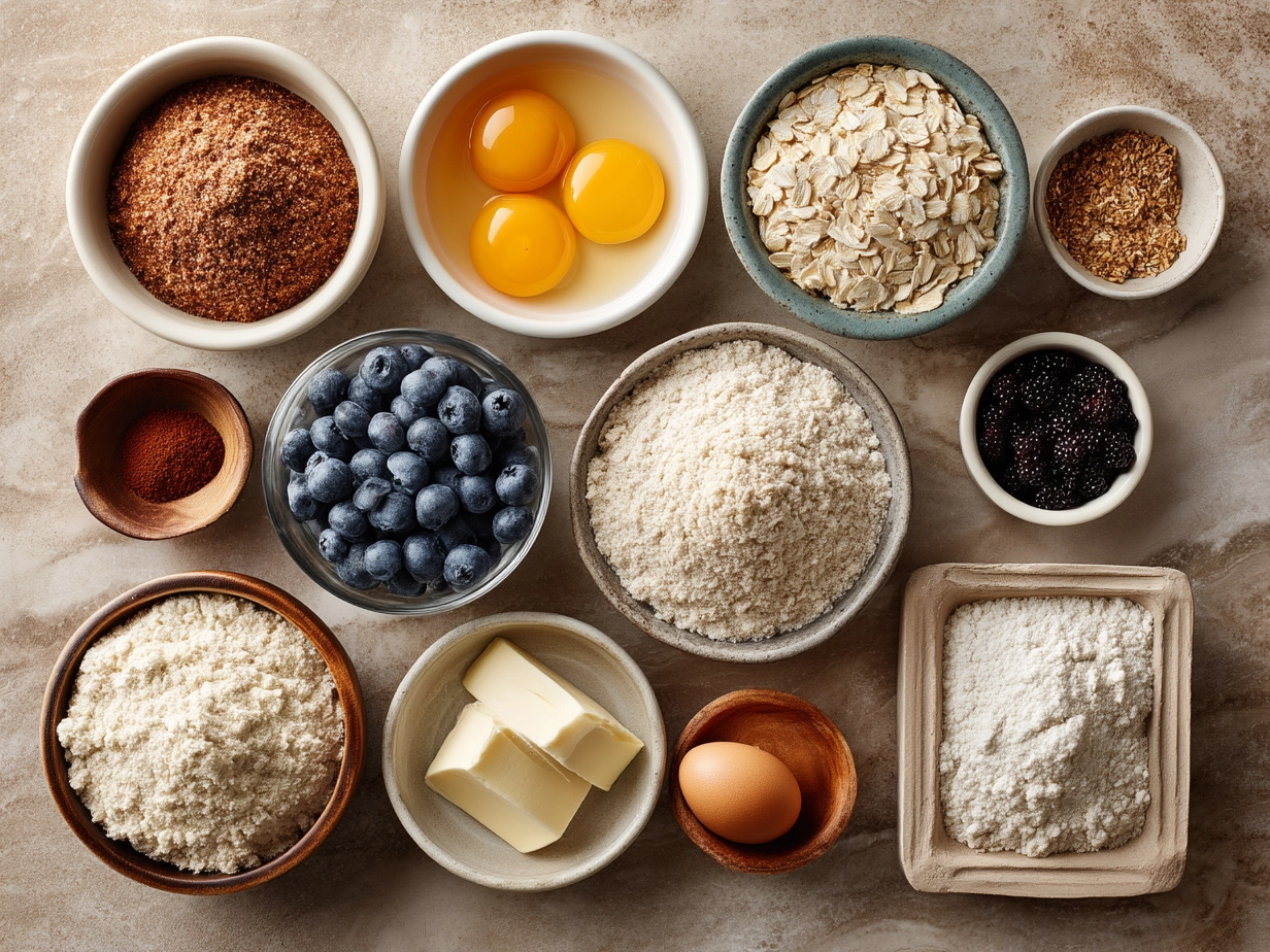 Ingredients for Sourdough Blueberry Breakfast Bars including sourdough starter, oats, blueberries, and lemon zest