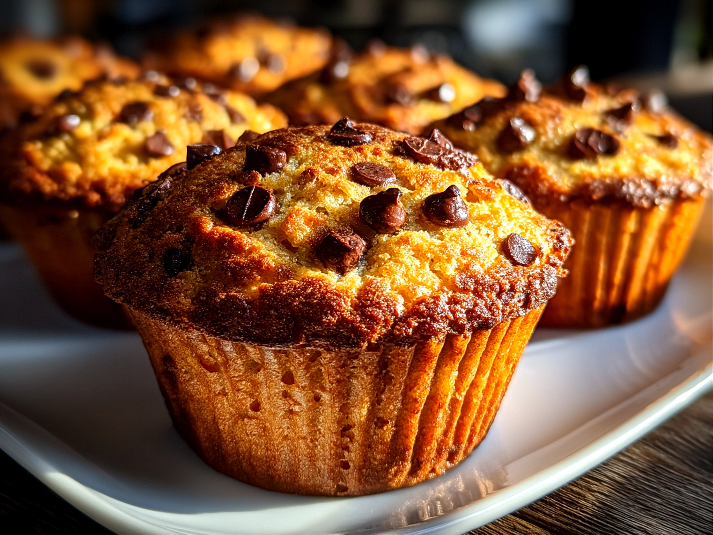 Freshly baked Sourdough Chocolate Chip Muffins beautifully arranged on a wooden board with fresh berries
