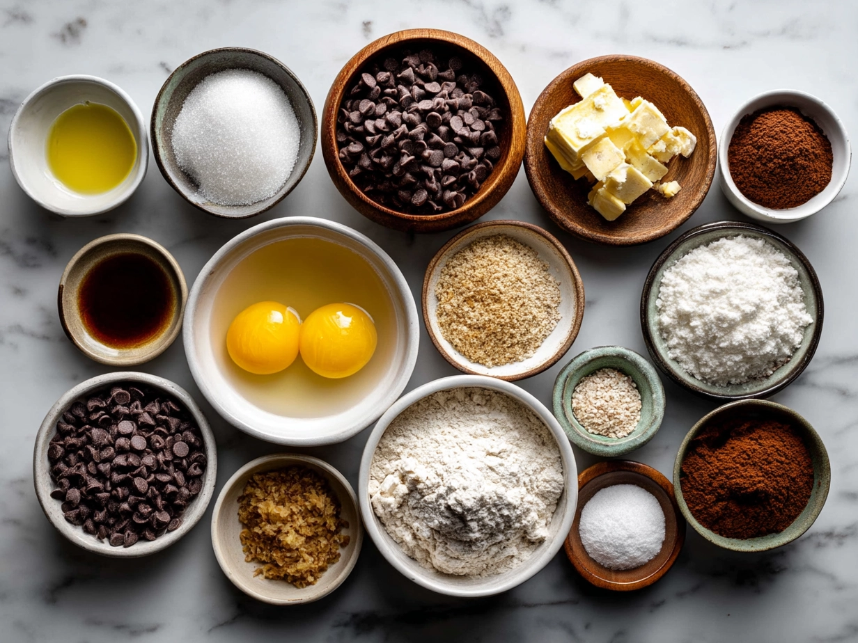 Ingredients for Sourdough Chocolate Chip Muffins including butter, sugar, sourdough starter, eggs, flour, and chocolate chips