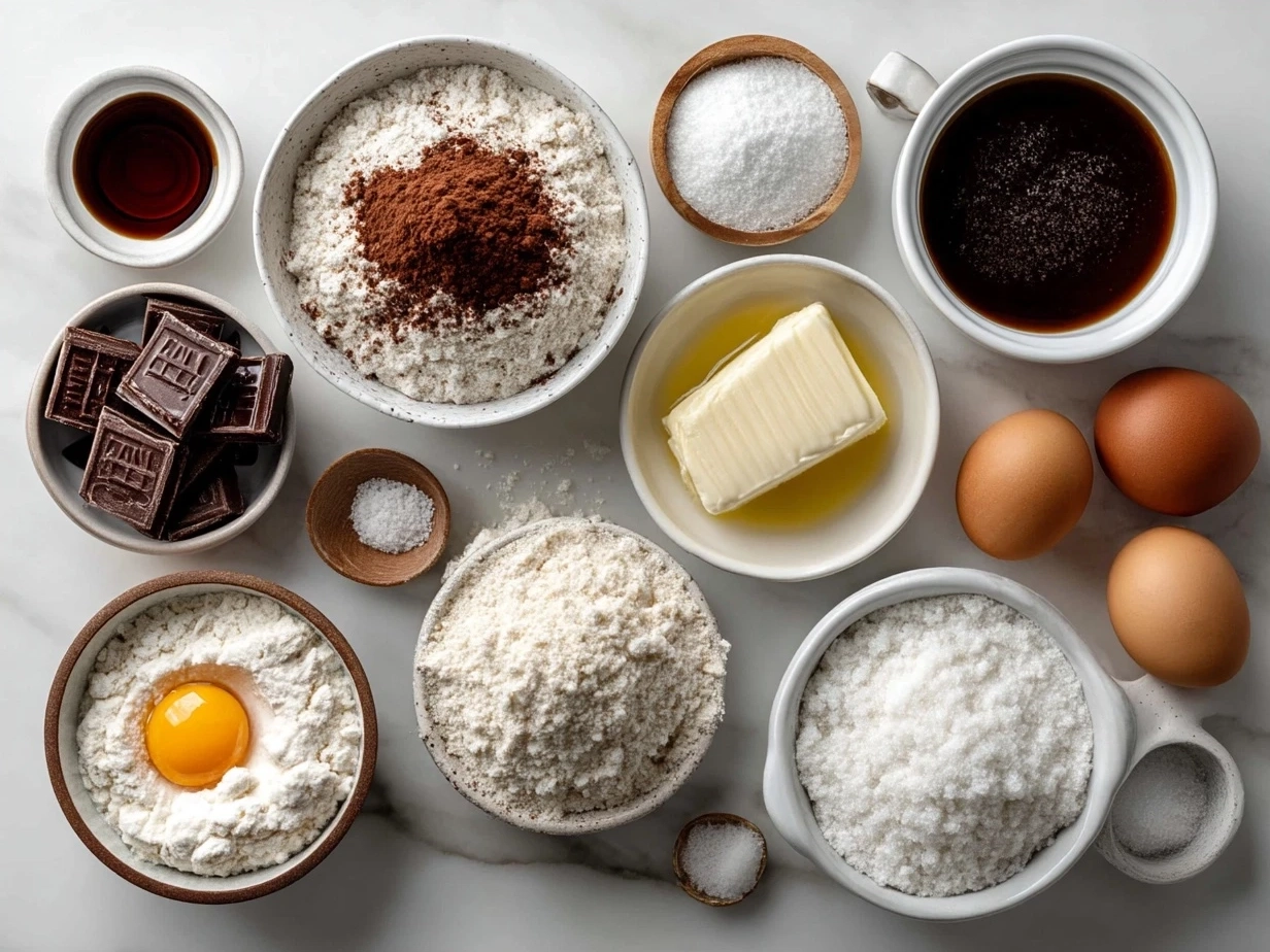 Ingredients needed for Sourdough Discard Brownies Recipe including sourdough discard, cocoa powder, sugars, butter, eggs, and flour