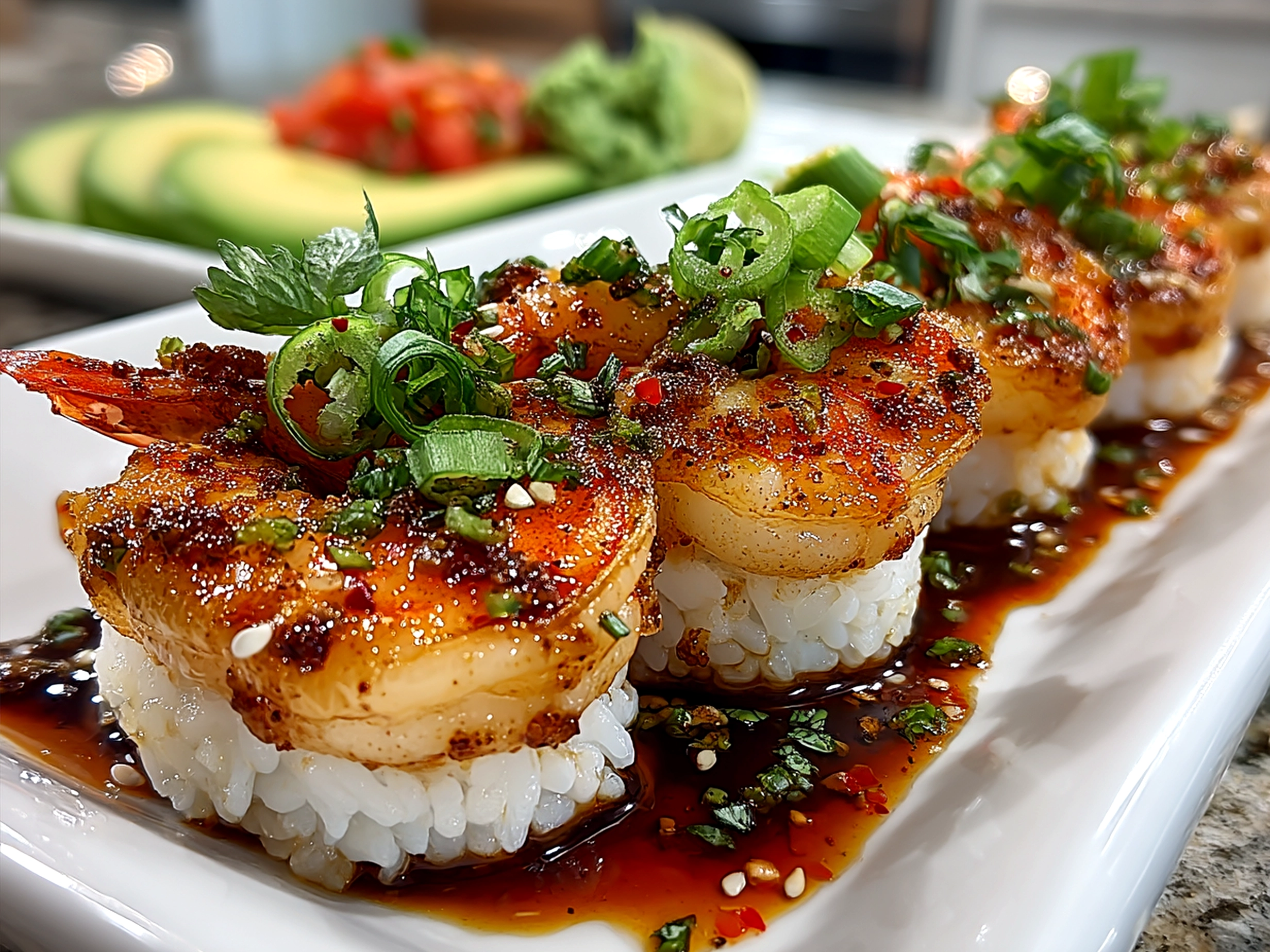 Spicy Shrimp Sushi Stacks beautifully plated with sesame seeds and pickled ginger