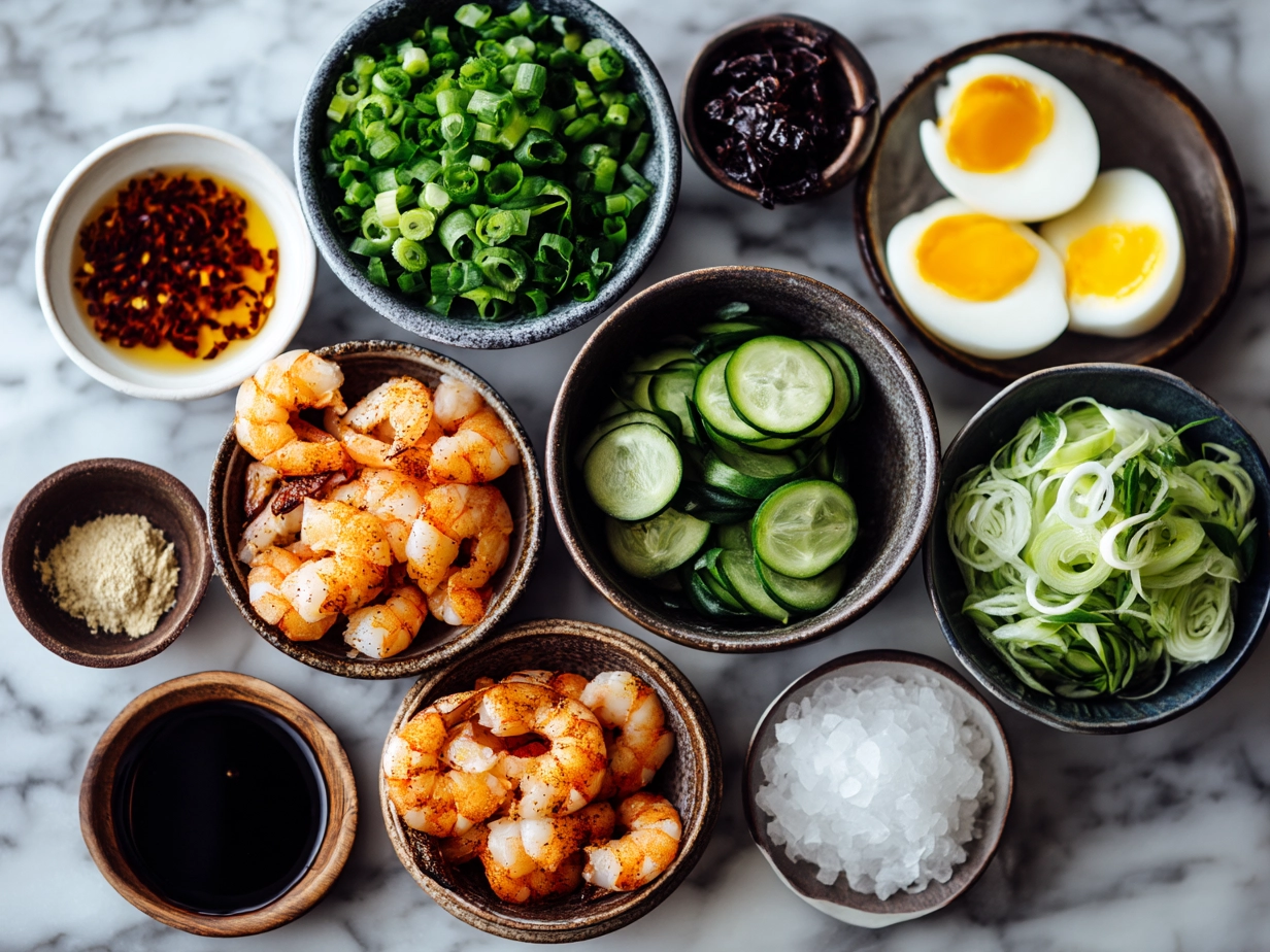 Ingredients for Spicy Shrimp Sushi Stacks including shrimp, sushi rice, avocado, scallions, nori, and spicy mayo