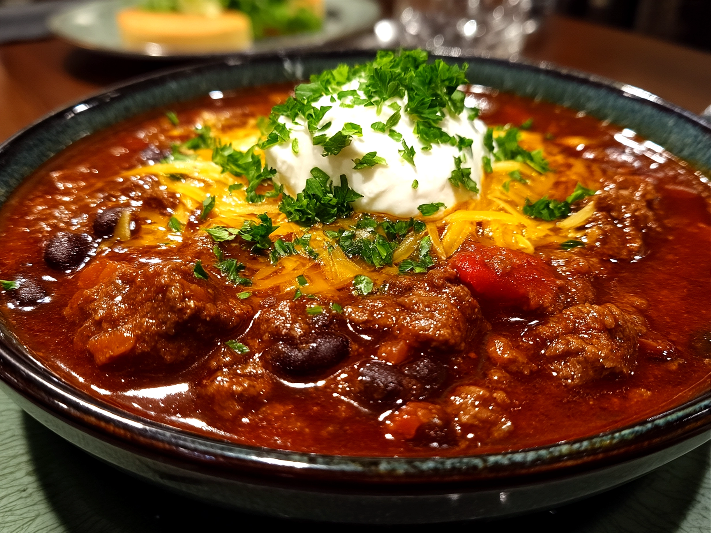 Serving bowl of Spicy Slow-Cooked Beef Chili with Black Beans topped with sour cream and fresh garnishes