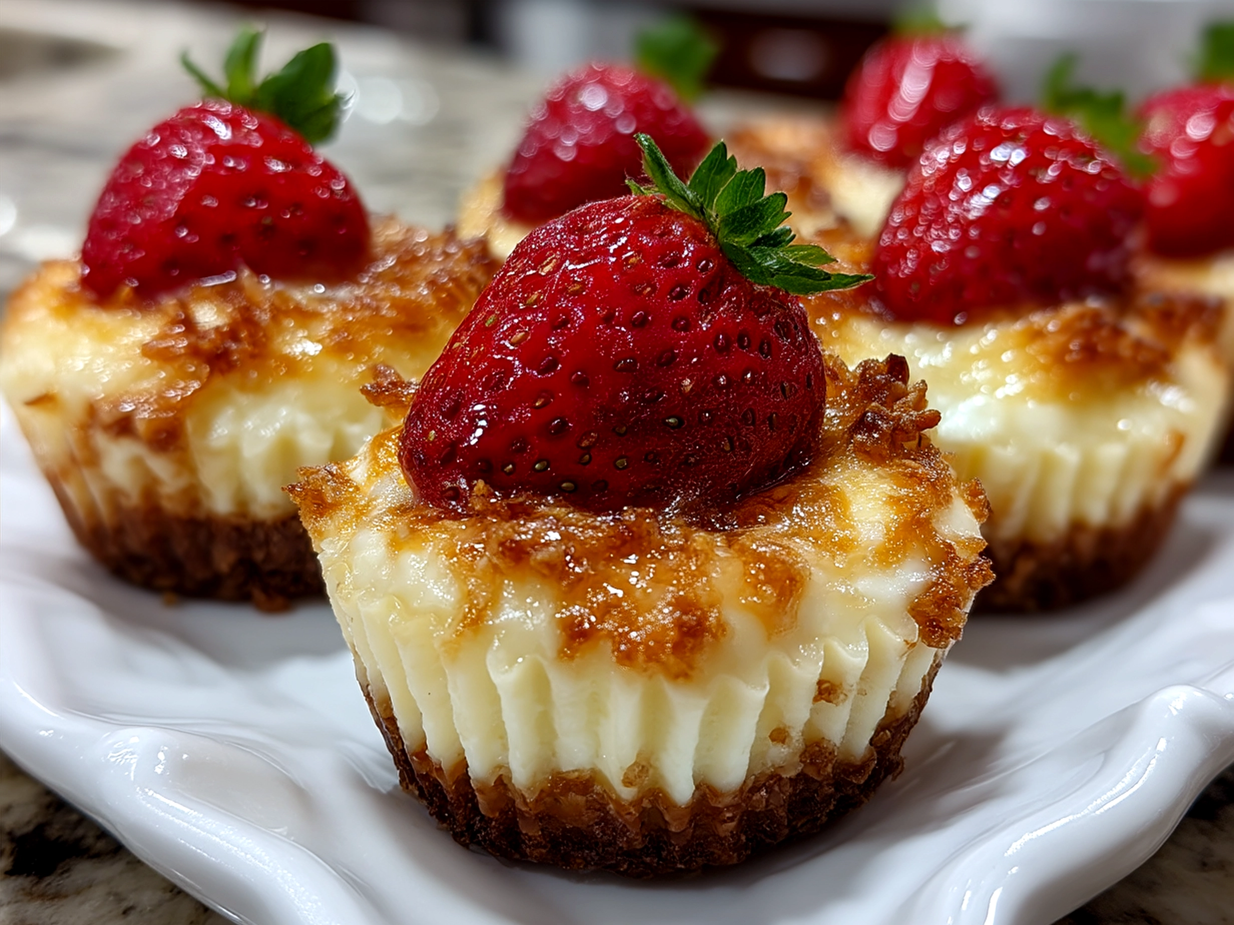 Plated Strawberry Cheesecake Crunch Bites garnished with fresh strawberries and mint