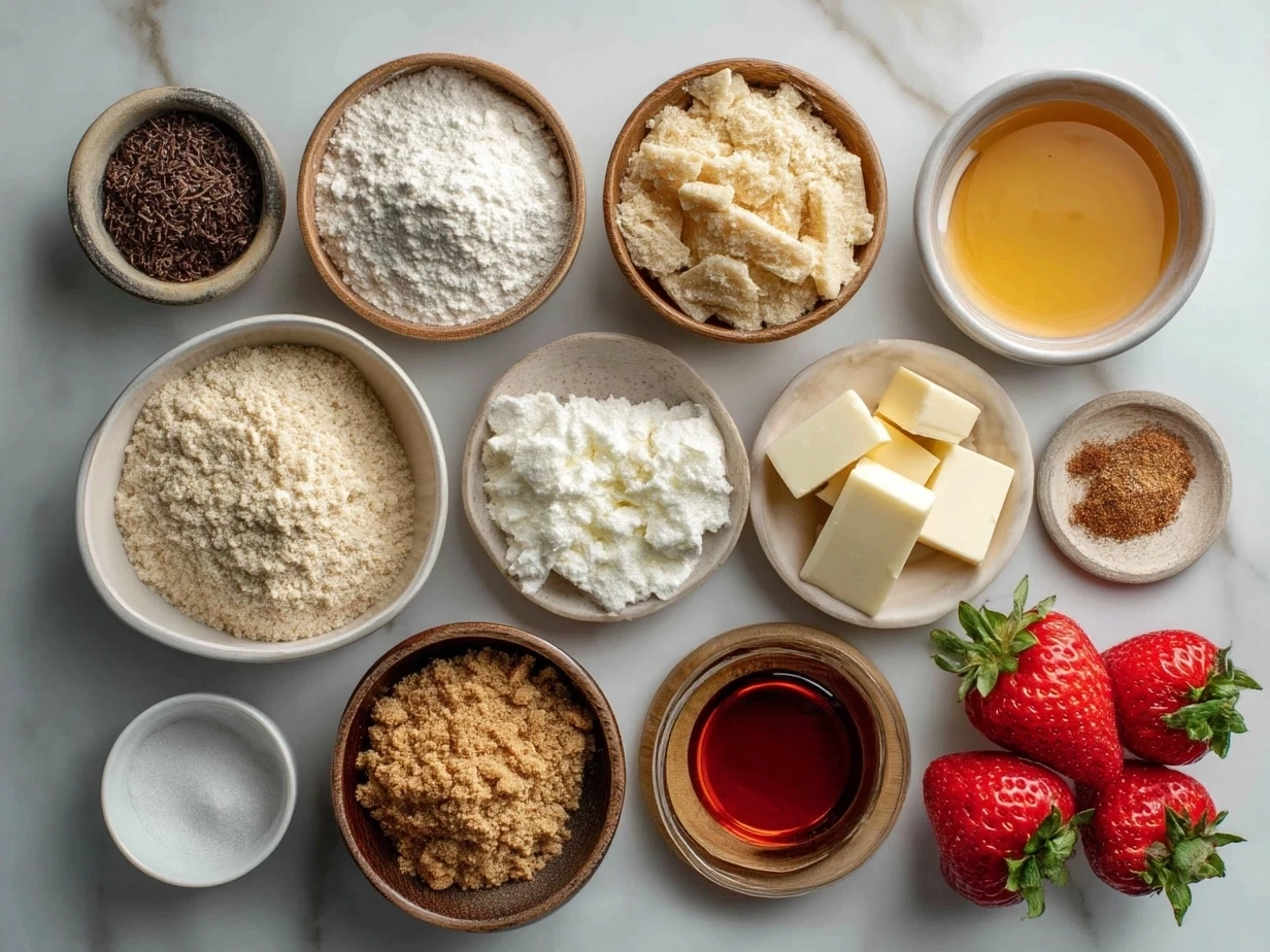 Ingredients for Strawberry Cheesecake Crunch Bites including cream cheese, powdered sugar, strawberries, graham cracker crumbs, nuts, butter, and strawberry jam