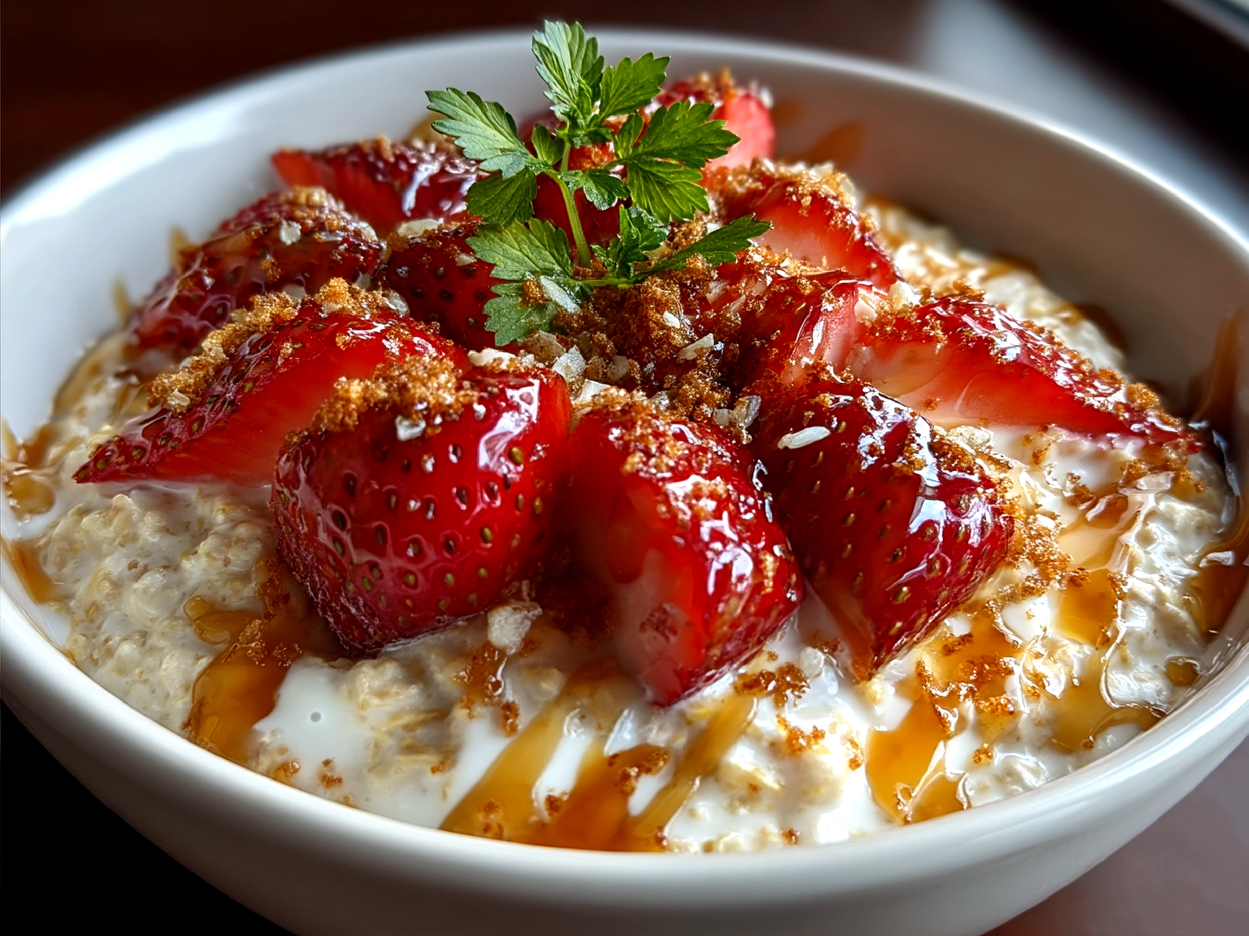 Strawberry Cheesecake Overnight Oats served in a clear glass jar topped with fresh strawberries and crushed graham crackers