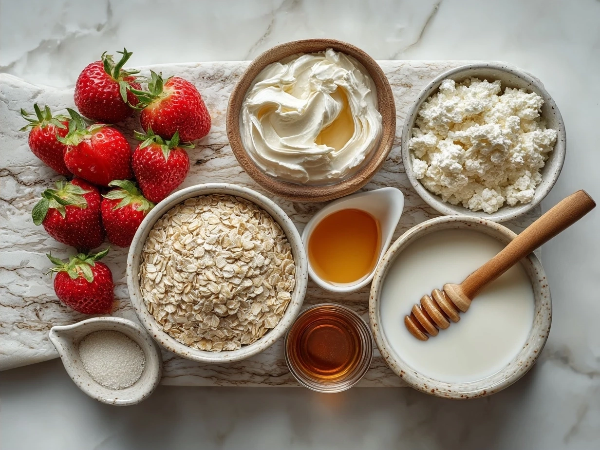 Ingredients for Strawberry Cheesecake Overnight Oats including rolled oats, Greek yogurt, cream cheese, strawberries, and milk