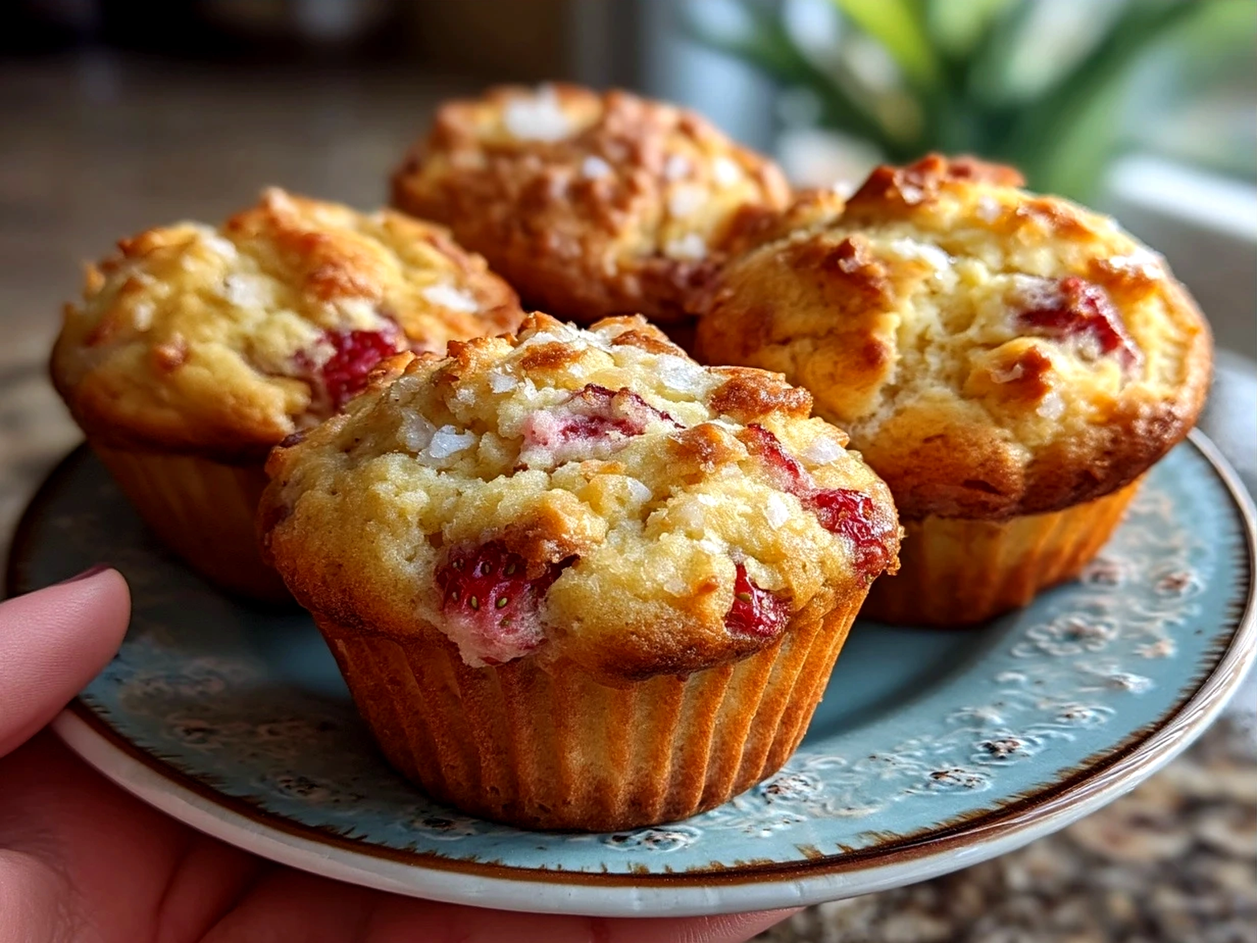 Freshly baked Strawberry Greek Yogurt Muffins served on a rustic wooden board