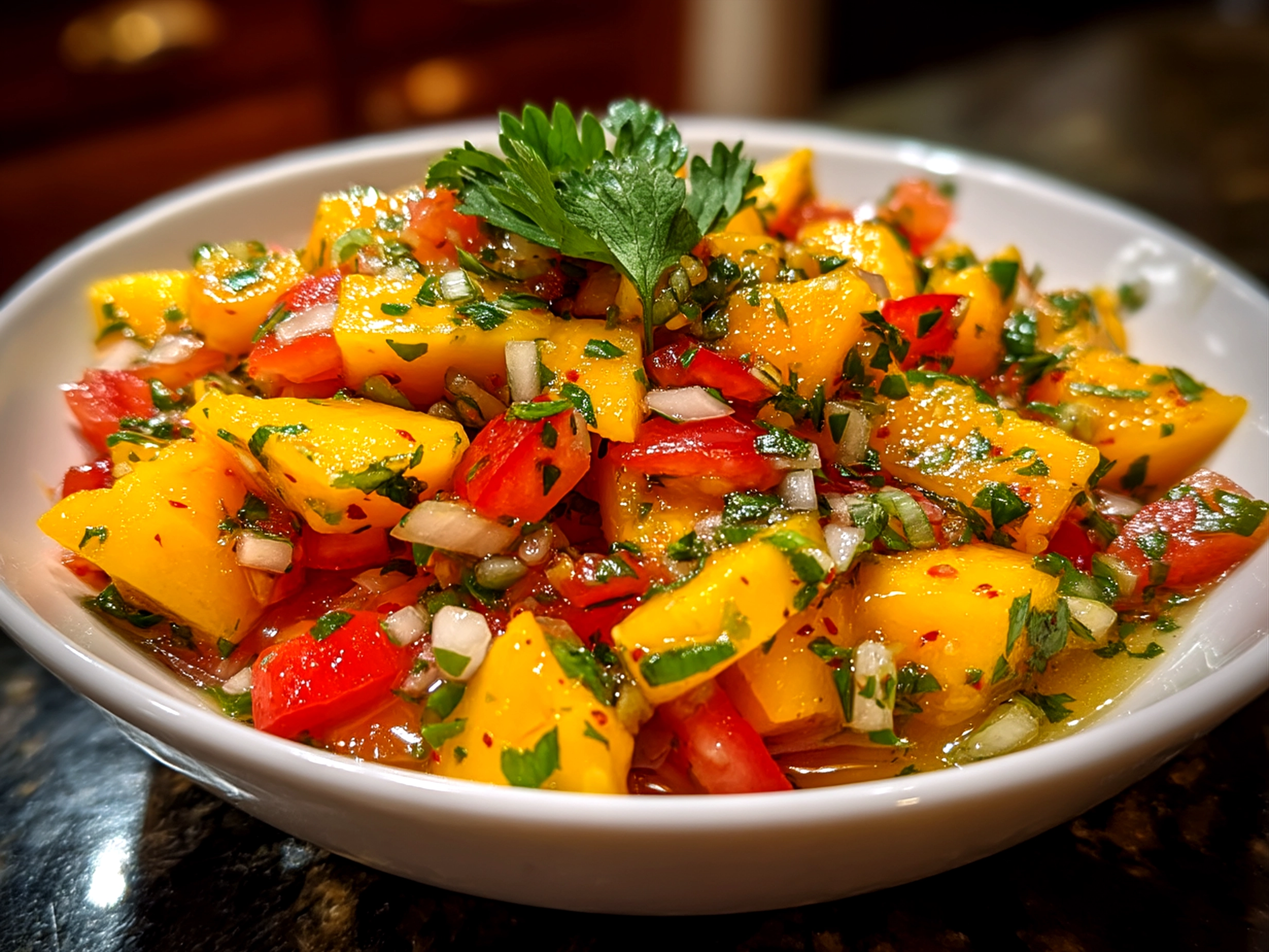 Serving Summer Mango Salsa in a clear glass bowl with chips