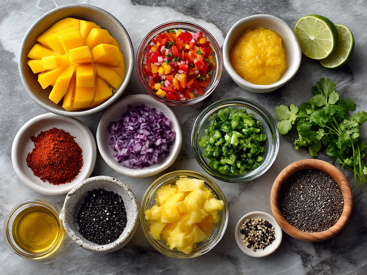 Ingredients for Summer Mango Salsa on a wooden board