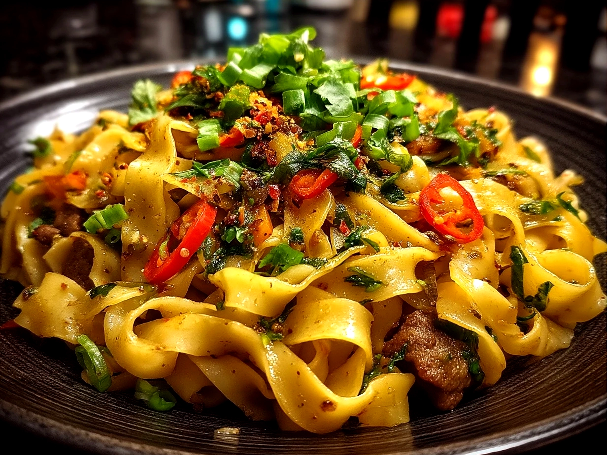 Vibrant Thai Drunken Noodles plated with basil, chili slices, lime wedges and colorful veggies