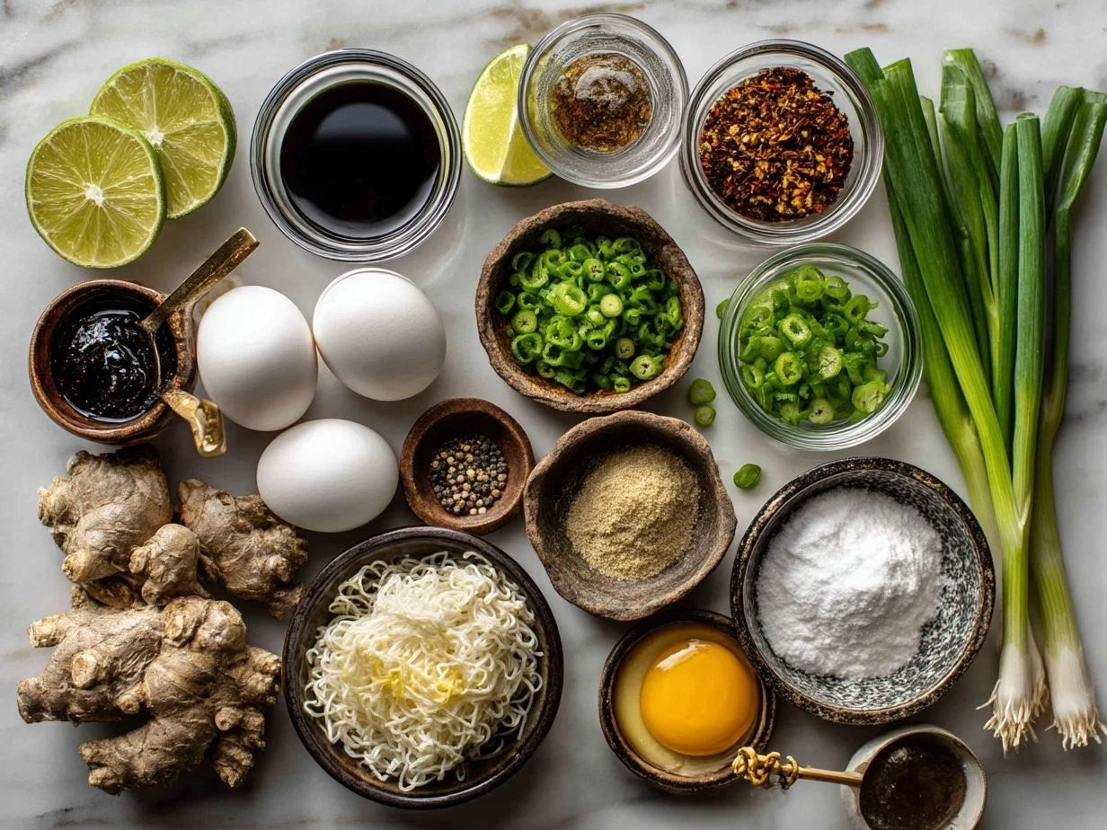 Ingredients laid out for Thai Drunken Noodles including rice noodles, basil, chilies, garlic, soy sauce and vegetables