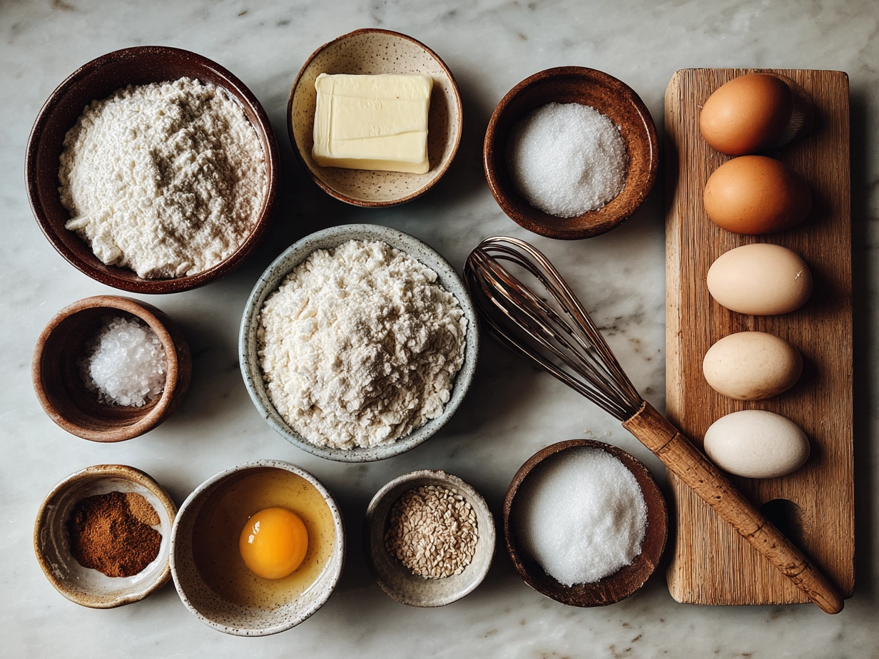 Top-down view of raw ingredients for 3 Ingredient Creamy Yogurt Cake on marble surface