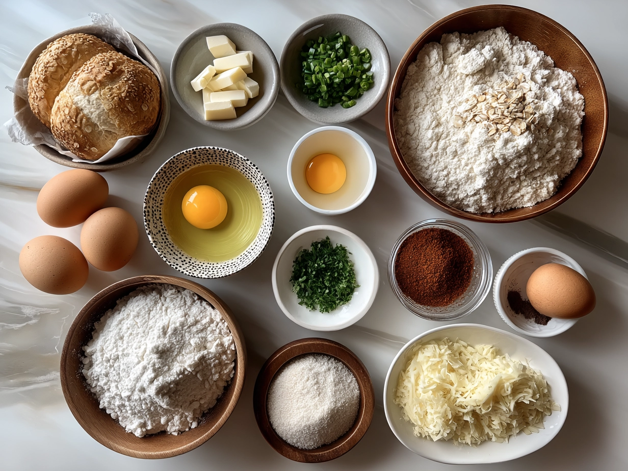 Top-down view of raw ingredients for air fryer protein bagels arranged on marble surface