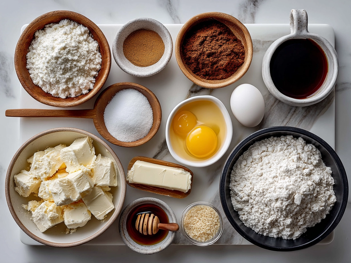 Top-down view of raw ingredients for basketball pretzel cookies arranged on a marble surface in a modern kitchen
