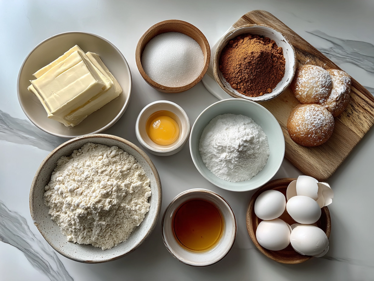 Top down raw ingredients laid out for basketball sugar cookies including flour, butter, eggs, sugar, milk, and orange gel food coloring