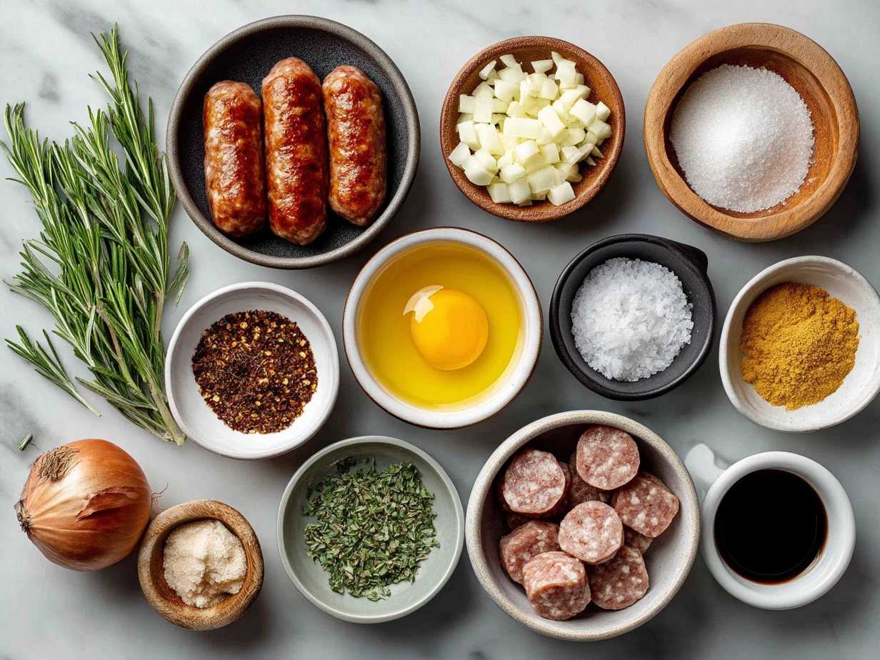 Raw ingredients for BBQ Sausage Bites laid out on marble countertop including smoked sausage, barbecue sauce, brown sugar, garlic, and spices