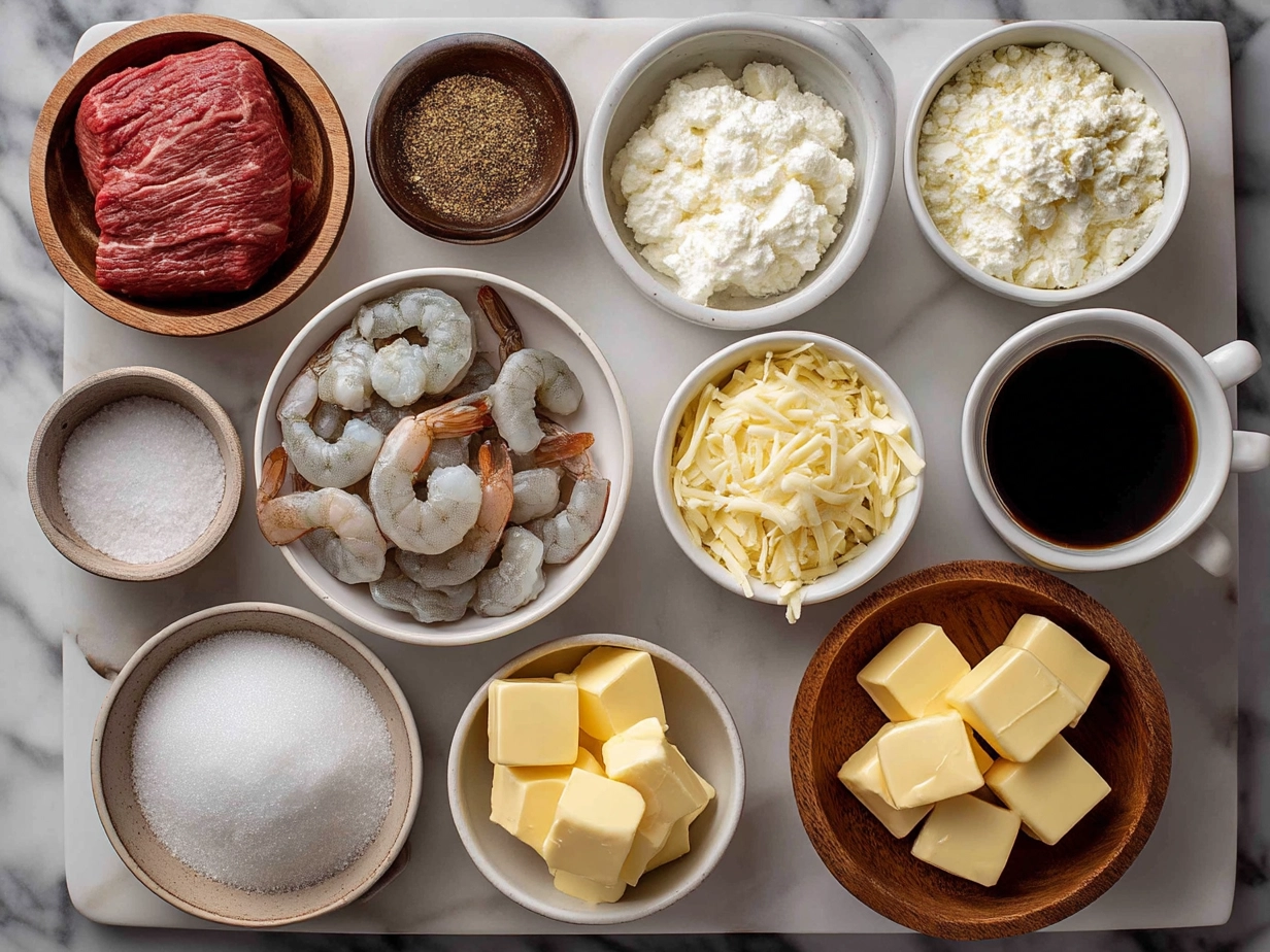 Top down raw ingredients for Blackened Steak Shrimp Alfredo on marble, modern kitchen organized mise en place