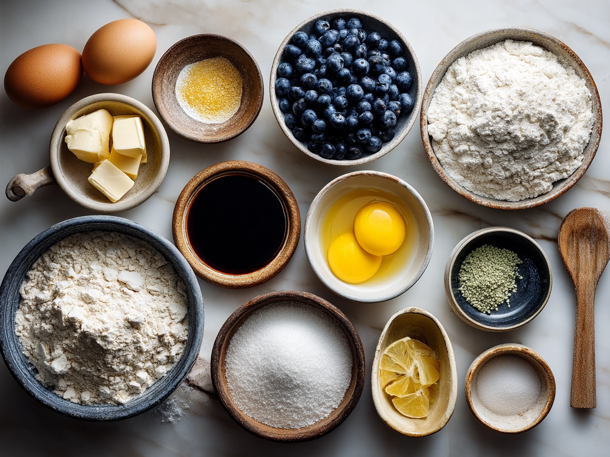 Ingredients arranged for Blueberry Lemon Sourdough Sweet Rolls including flour, blueberries, lemon, and sourdough starter