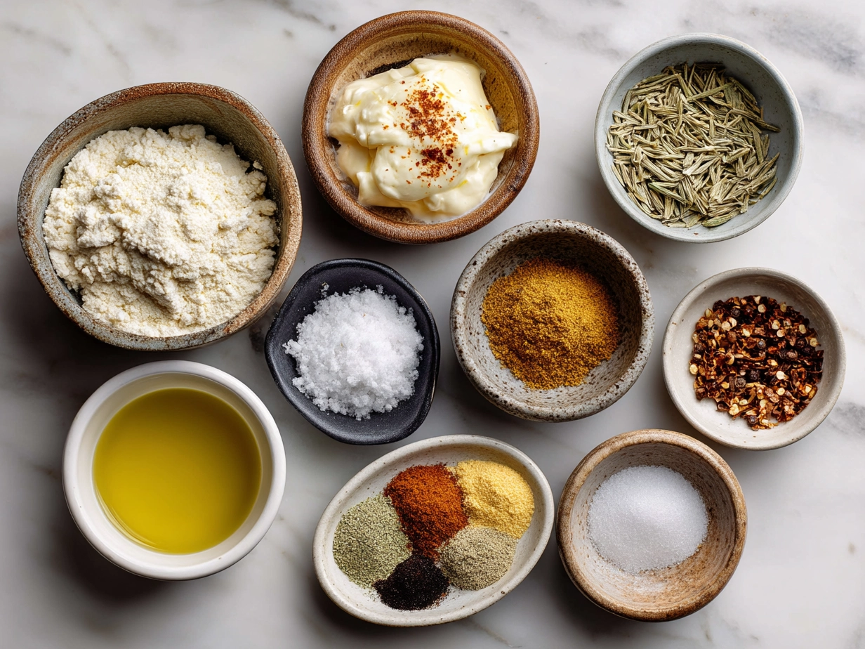 Top down raw ingredients for Cajun Cream Sauce on marble, modern kitchen organized mise en place.