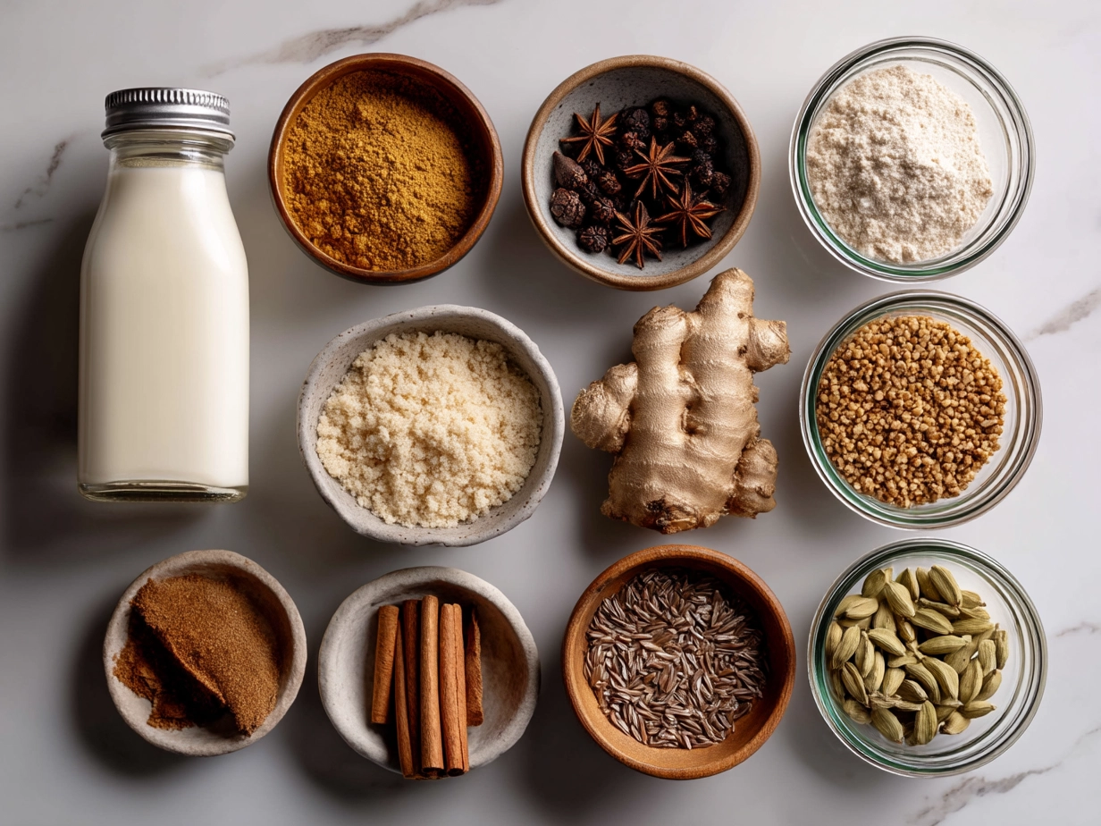 Top down view of raw ingredients for chai tea latte including cinnamon, cardamom, cloves, ginger, star anise and black tea