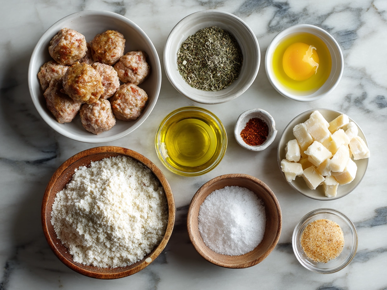 Top down raw ingredients for Cheddar Bay Sausage Balls on marble, modern kitchen organized mise en place.