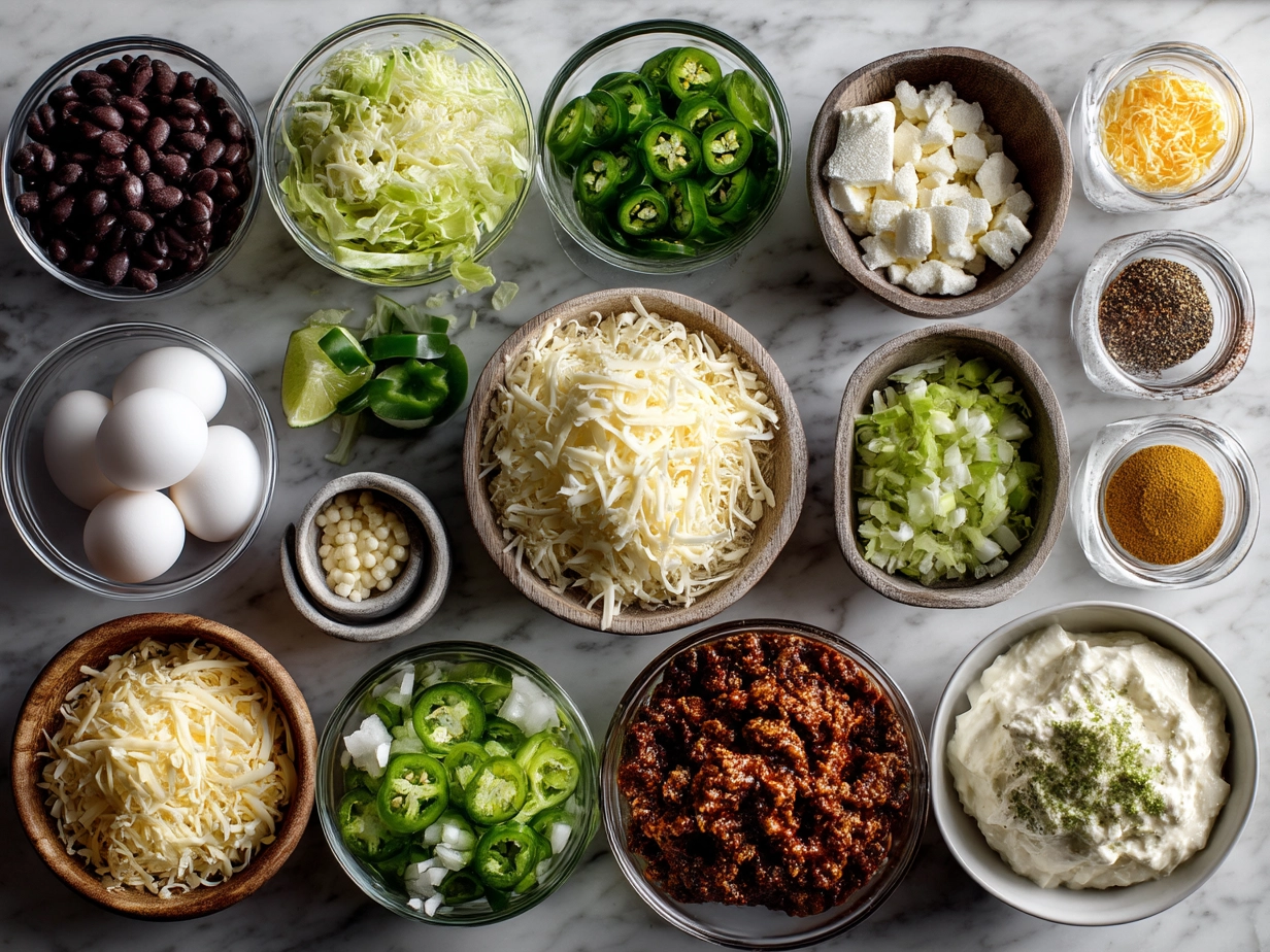 Top-down view of raw ingredients for Cheesy Rotel Ranch Queso arranged on marble countertop