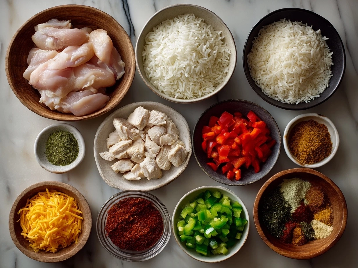 Top down view of raw ingredients for Chicken Fajita Rice on marble