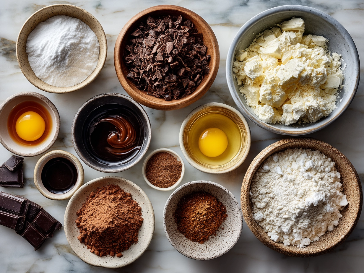 Top down view of raw ingredients for Chocolate Gnome Cheesecakes on marble surface
