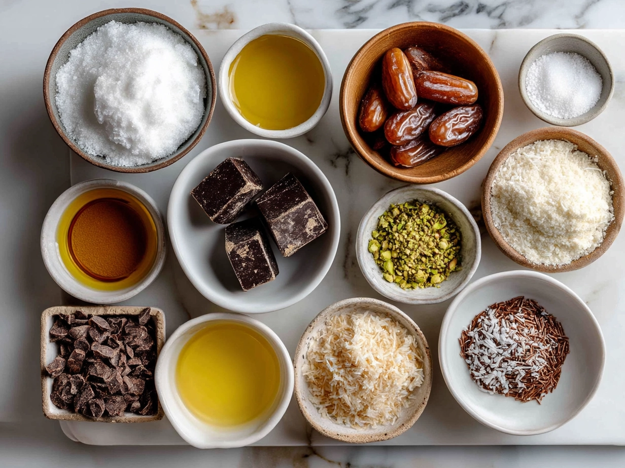 Raw ingredients for Chocolate Kataifi Bark on marble surface