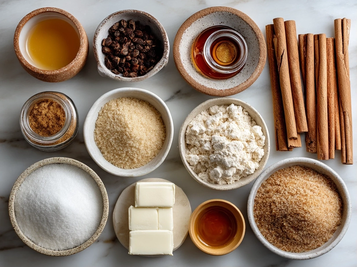 Raw ingredients for cinnamon sugar sourdough churro bites arranged on marble countertop