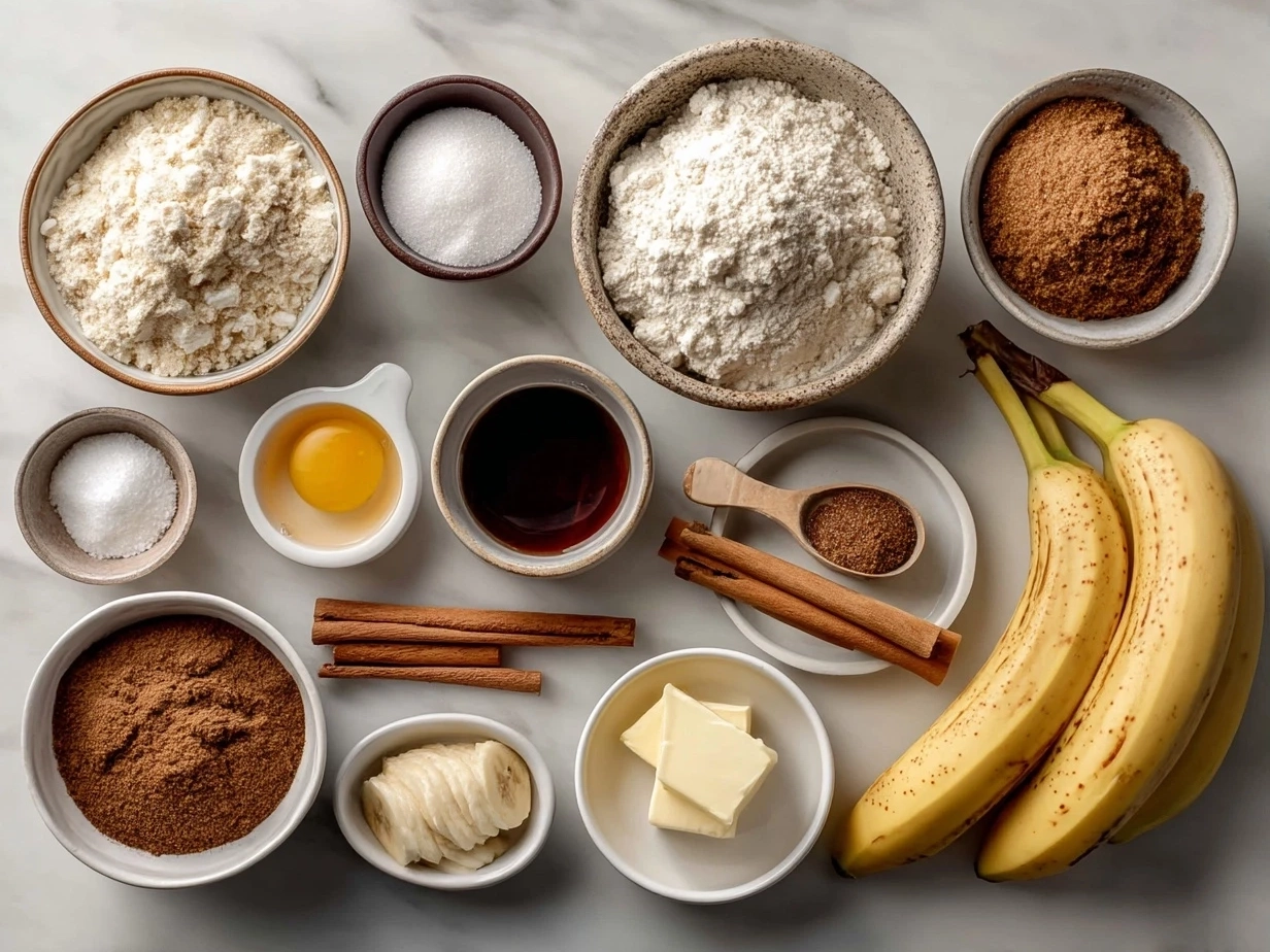 Top-down raw ingredients for cinnamon swirl banana bread on marble