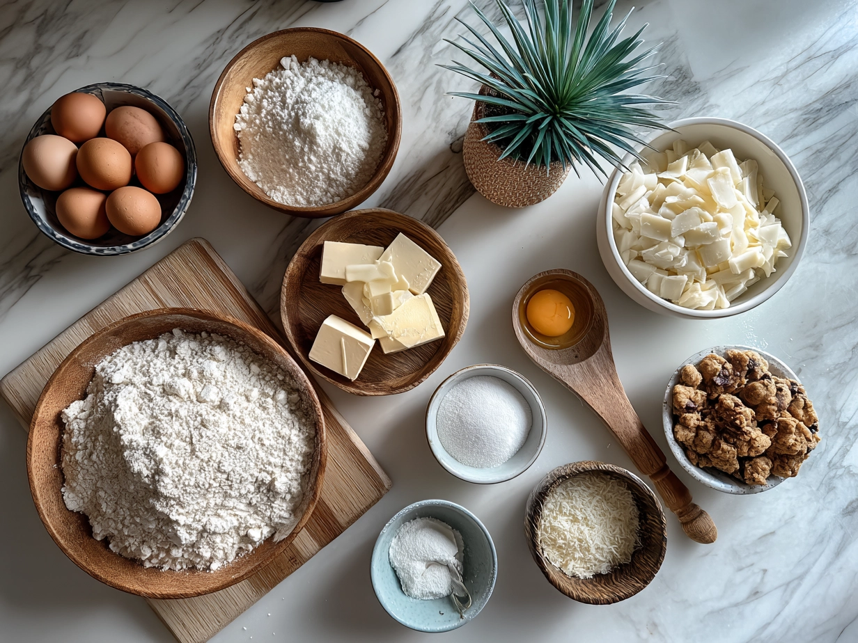 Top down view of raw ingredients for Cookies Cream Skillet Cookie on a marble surface
