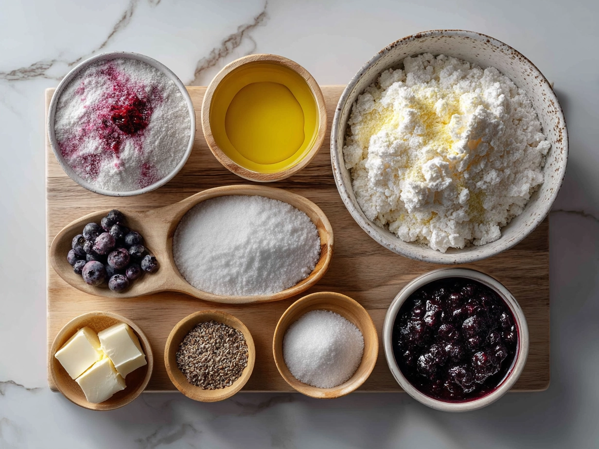 Top down raw ingredients for cottage cheese blueberry cloud bread on marble countertop