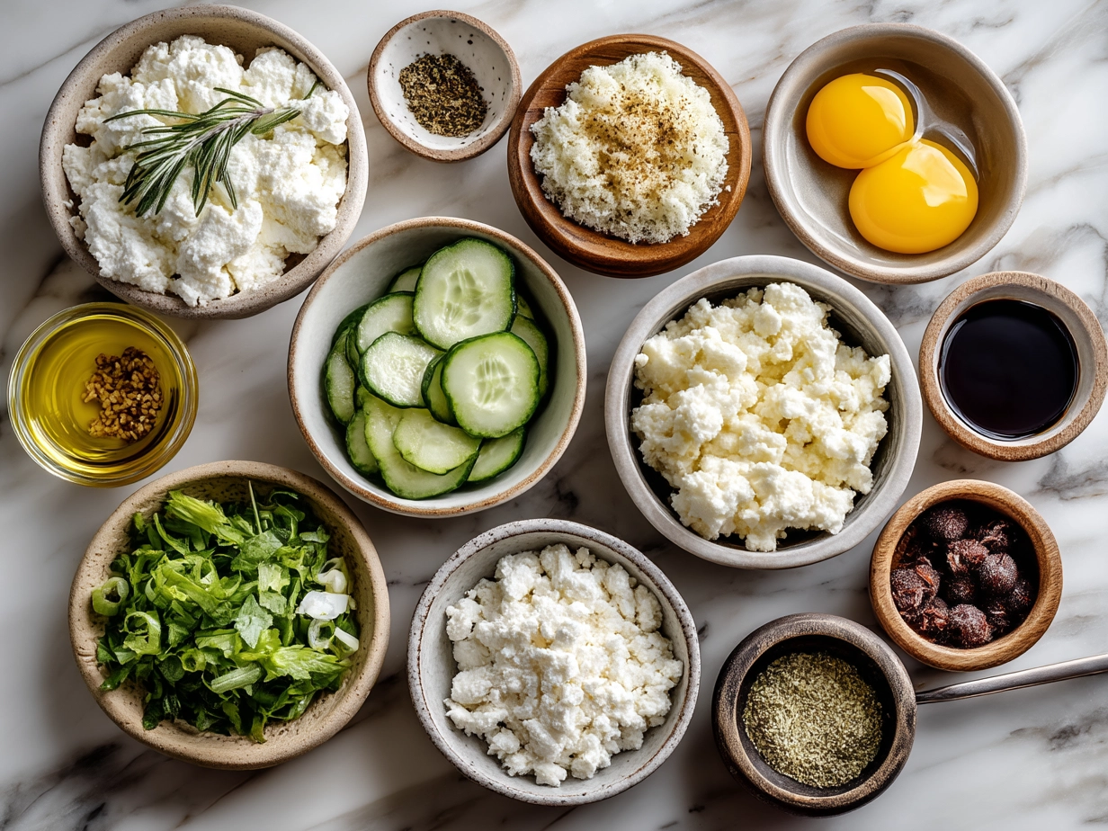 Top down view of raw ingredients for cottage cheese wraps including cottage cheese, cucumber, tomato, red onion, herbs, and wraps