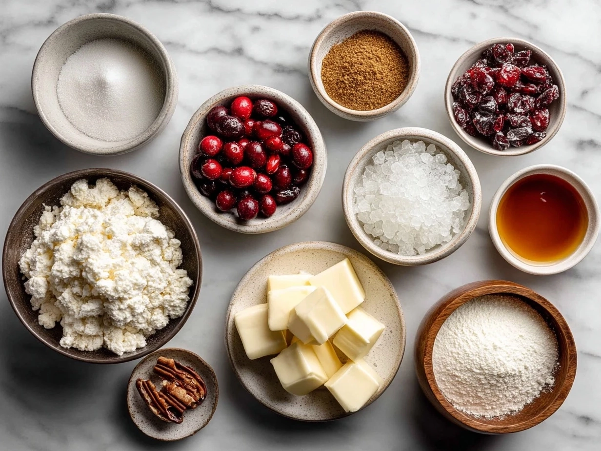 Top-down view of raw ingredients for cranberry brie flatbread on marble surface