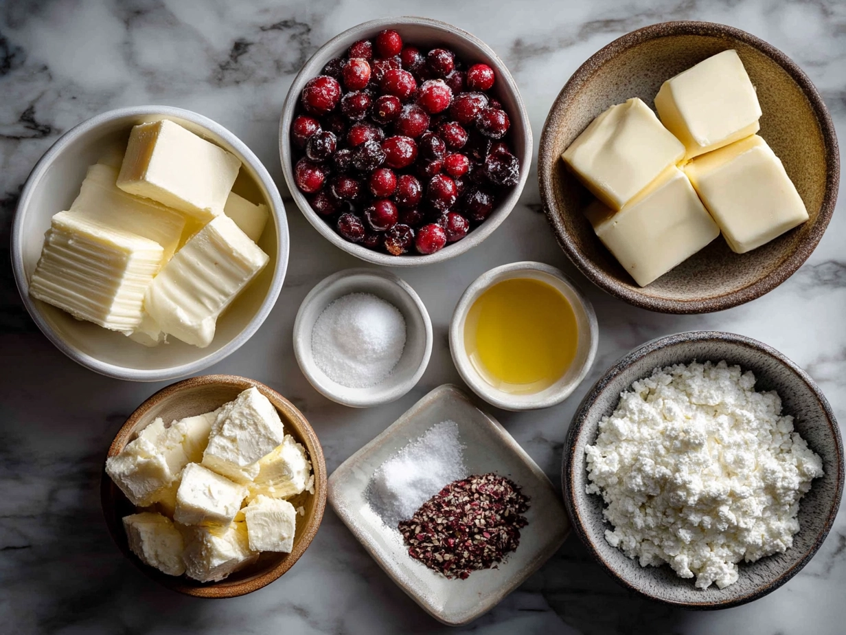 Raw ingredients for cranberry brie puff pastry cups arranged on marble with a modern kitchen mise en place